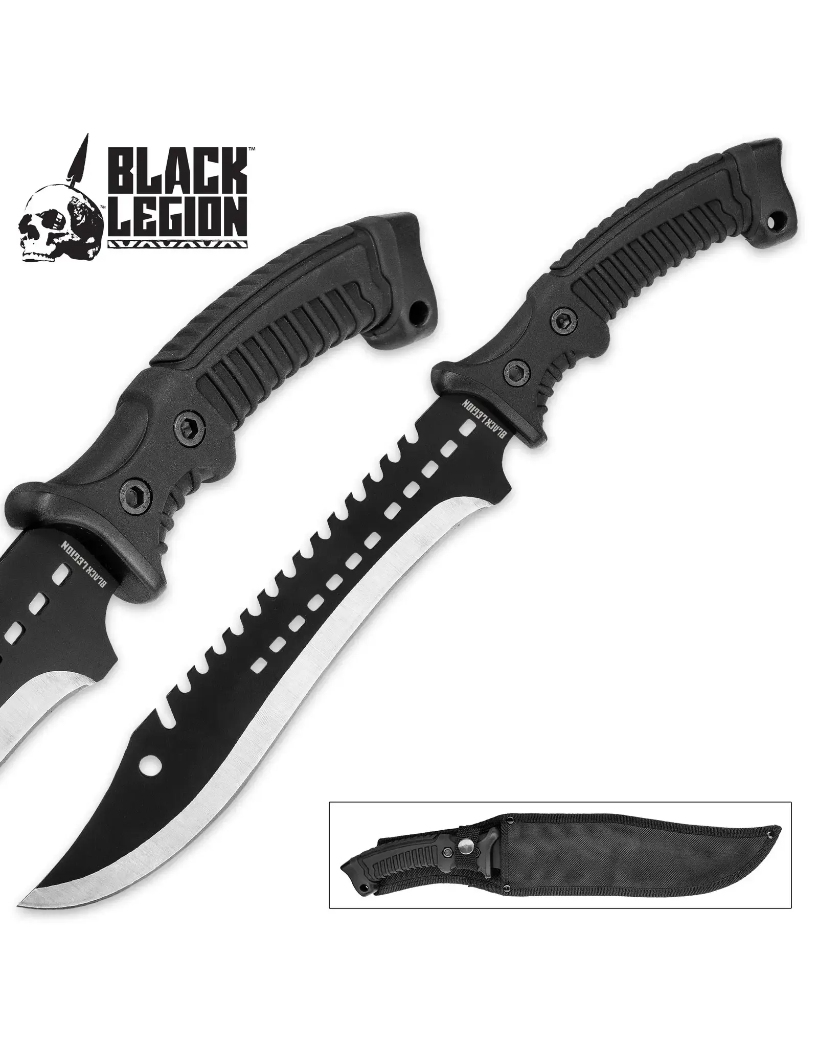 Black Legion Black Legion Iron Phantom Bowie / Fixed Blade Knife - 3Cr13 Stainless Steel - Clip Point, Sawback, Black 2-Tone Finish - Belt Sheath - Tactical, Outdoors, Hunting, Survival, Camping - 15 1/4"