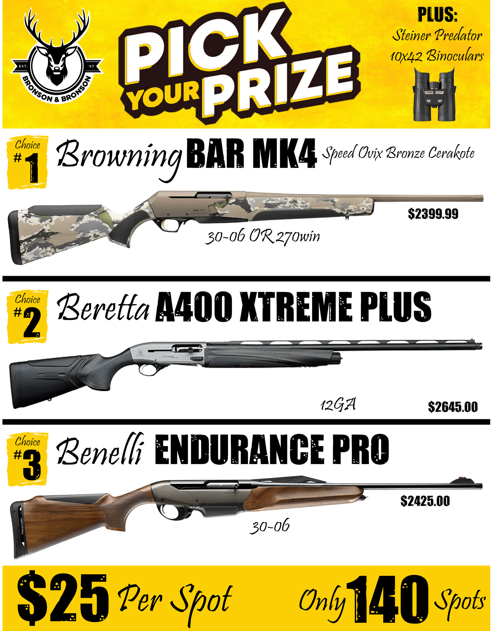 DRAW #1823 (#1-70) - Pick Your Prize - Browning, Beretta OR Benelli!