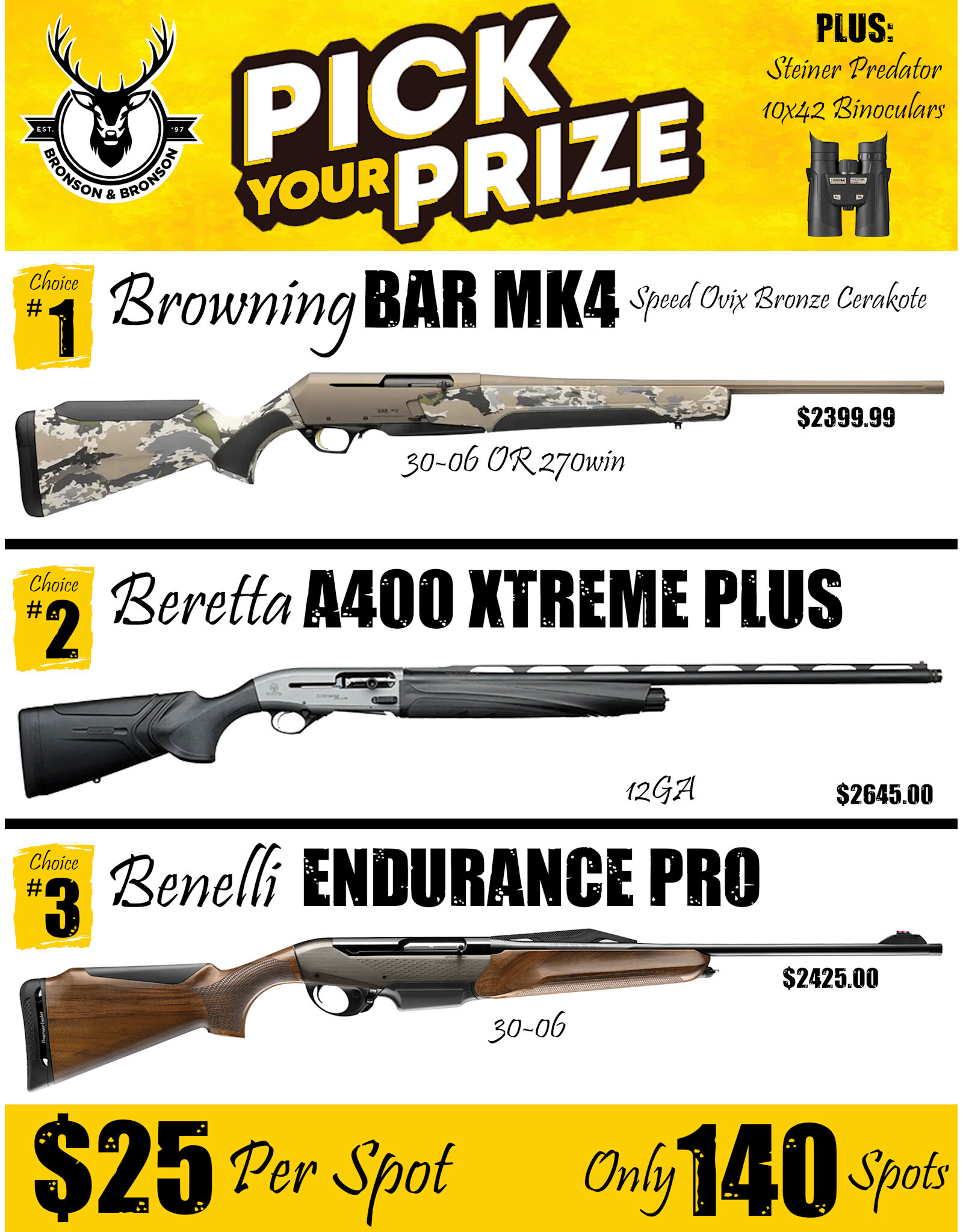 DRAW #1823 (#1-70) - Pick Your Prize - Browning, Beretta OR Benelli!