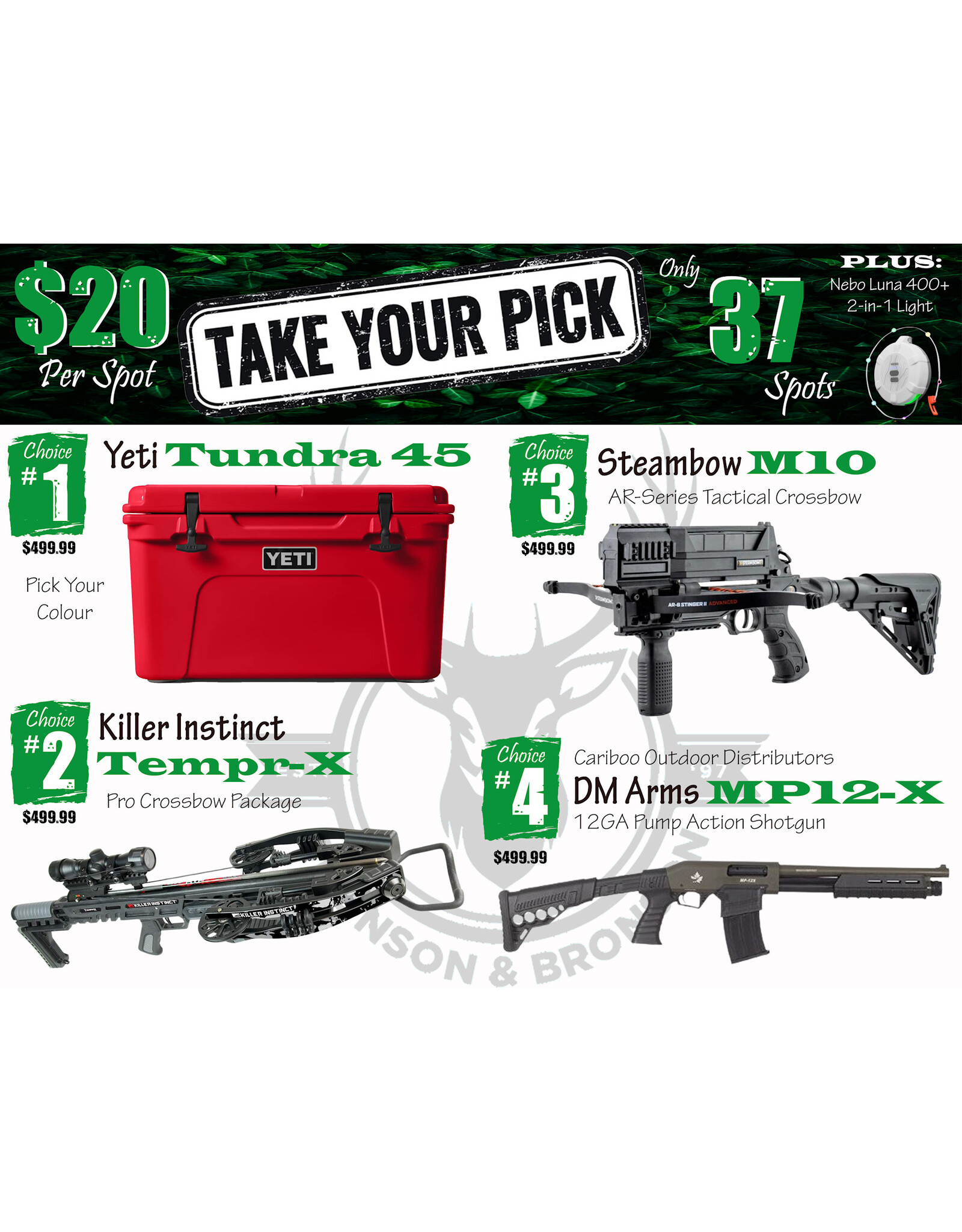 DRAW #1824 - Take Your Pick - Yeti, Killer Instinct, Steambow OR Cariboo!