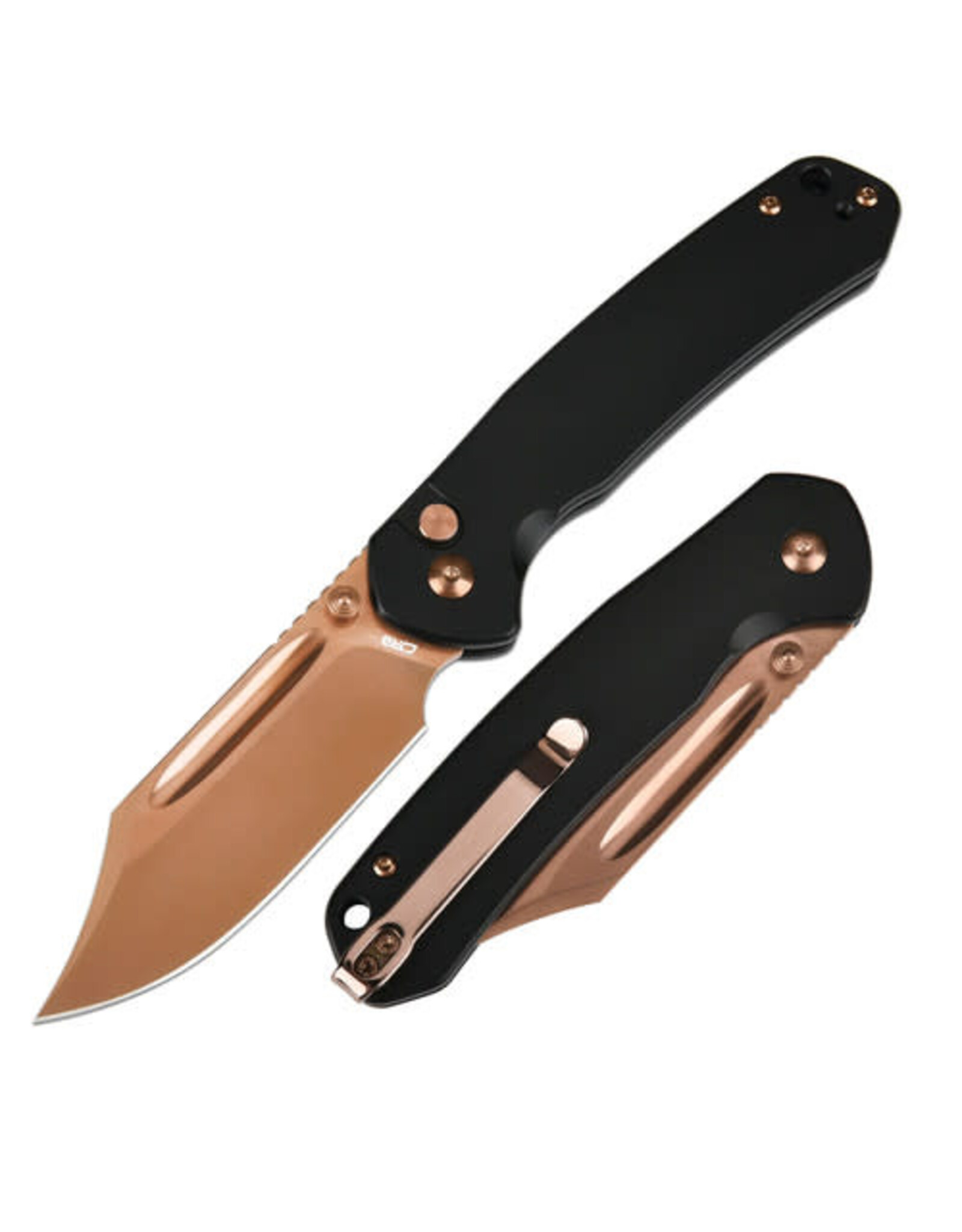 CJRB CJRB Cutlery Pyrite Button Lock Folding Knife 3.05" AR-RPM9 Rose Gold Bowie Blade, Black Steel Handles - J1942-RG