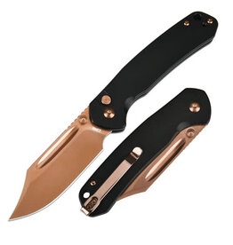 CJRB CJRB Cutlery Pyrite Button Lock Folding Knife 3.05" AR-RPM9 Rose Gold Bowie Blade, Black Steel Handles - J1942-RG