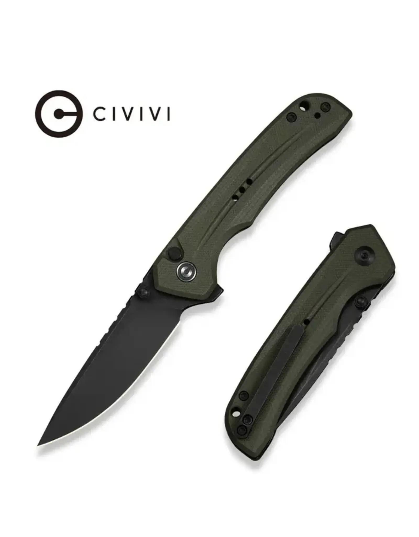 Civivi CIVIVI Tarask Flipper & Thumb Stud & Button Lock Knife OD Green G10 Handle (2.96" Black Stonewashed Nitro-V Blade) C25023C-2