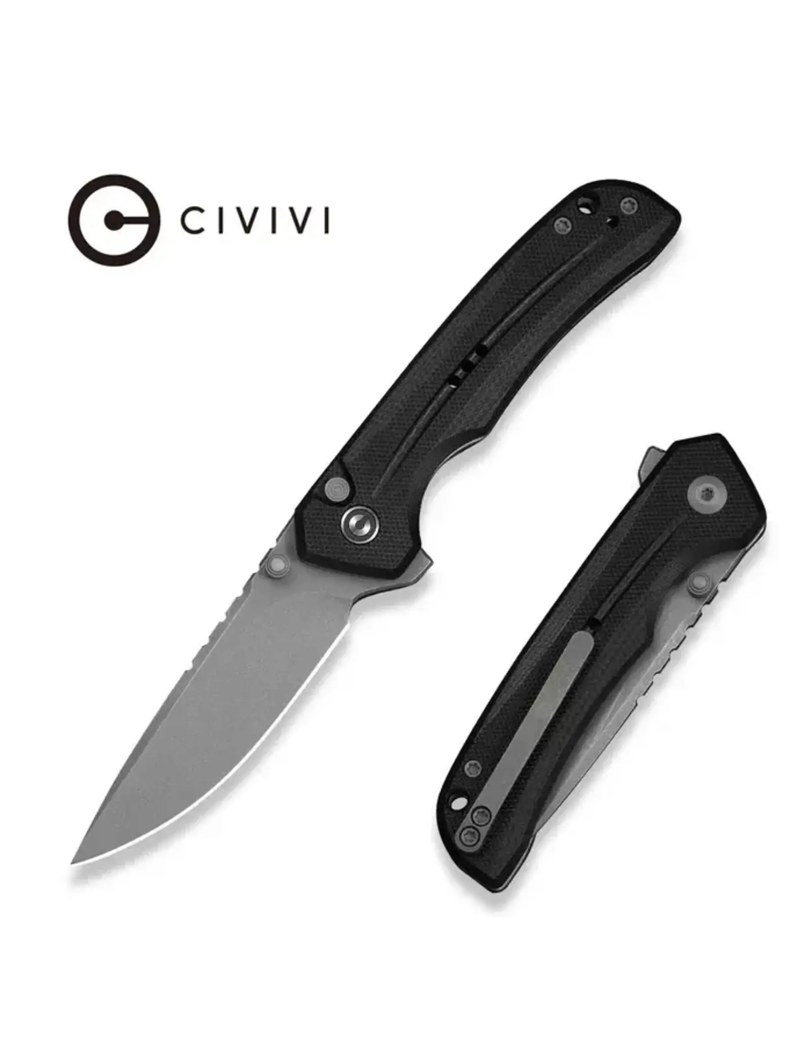 Civivi CIVIVI Tarask Flipper & Thumb Stud & Button Lock Knife Black G10 Handle (2.96" Gray Stonewashed Nitro-V Blade) C25023C-1