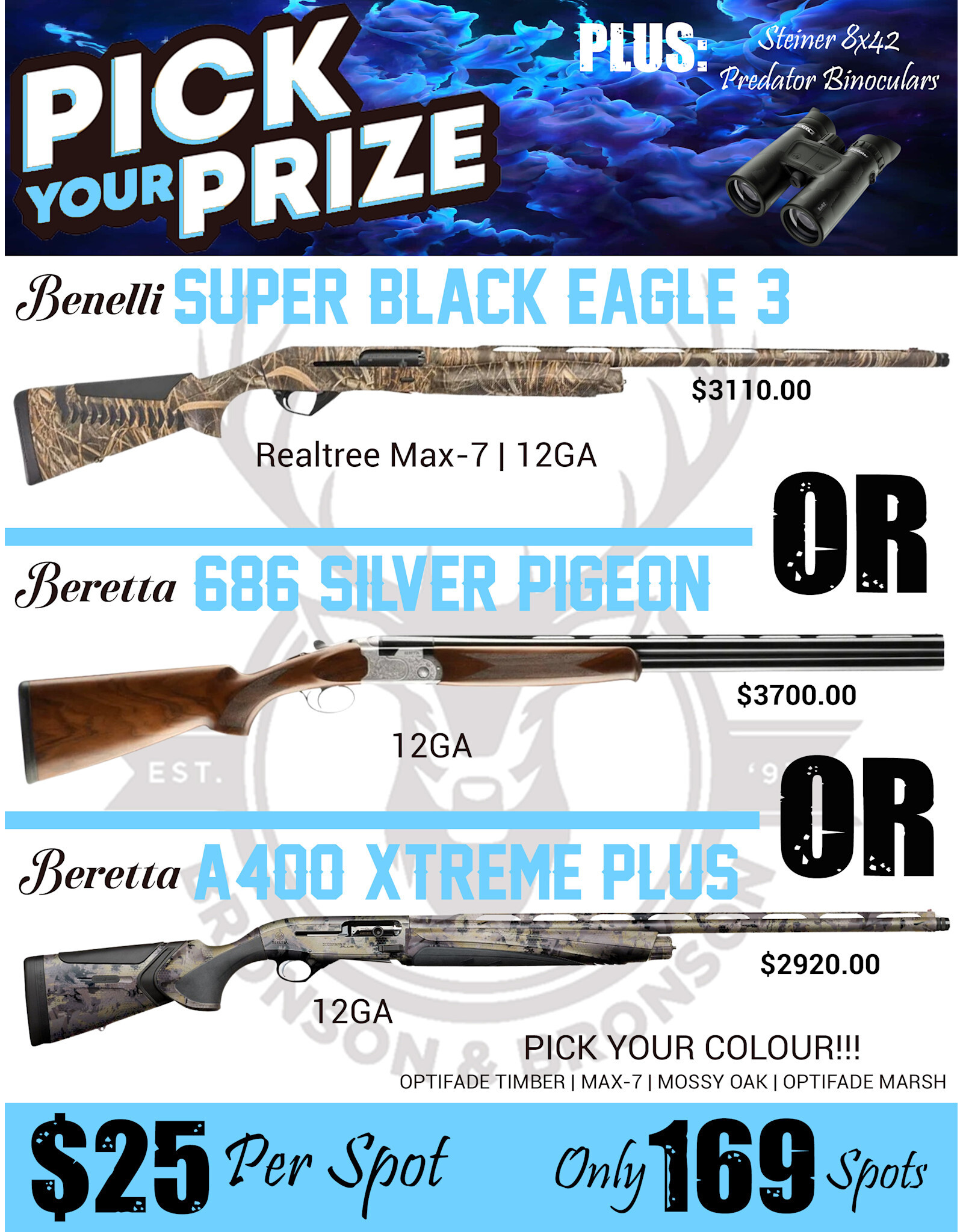 DRAW #1832 (86-169) - Pick Your Prize - Benelli, Beretta Silver Pigeon OR Beretta A400!