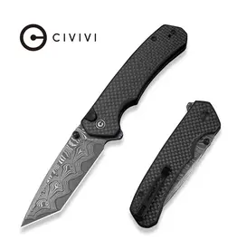 Civivi CIVIVI Button Lock Brazen Flipper & Thumb Stud Knife Twill Carbon Fiber Overlay On Black G10 Handle (3.46" Damascus Blade) C19059C-DS1