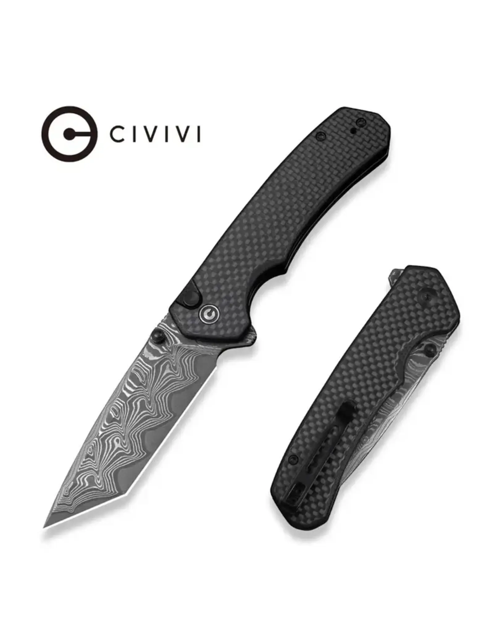 Civivi CIVIVI Button Lock Brazen Flipper & Thumb Stud Knife Twill Carbon Fiber Overlay On Black G10 Handle (3.46" Damascus Blade) C19059C-DS1