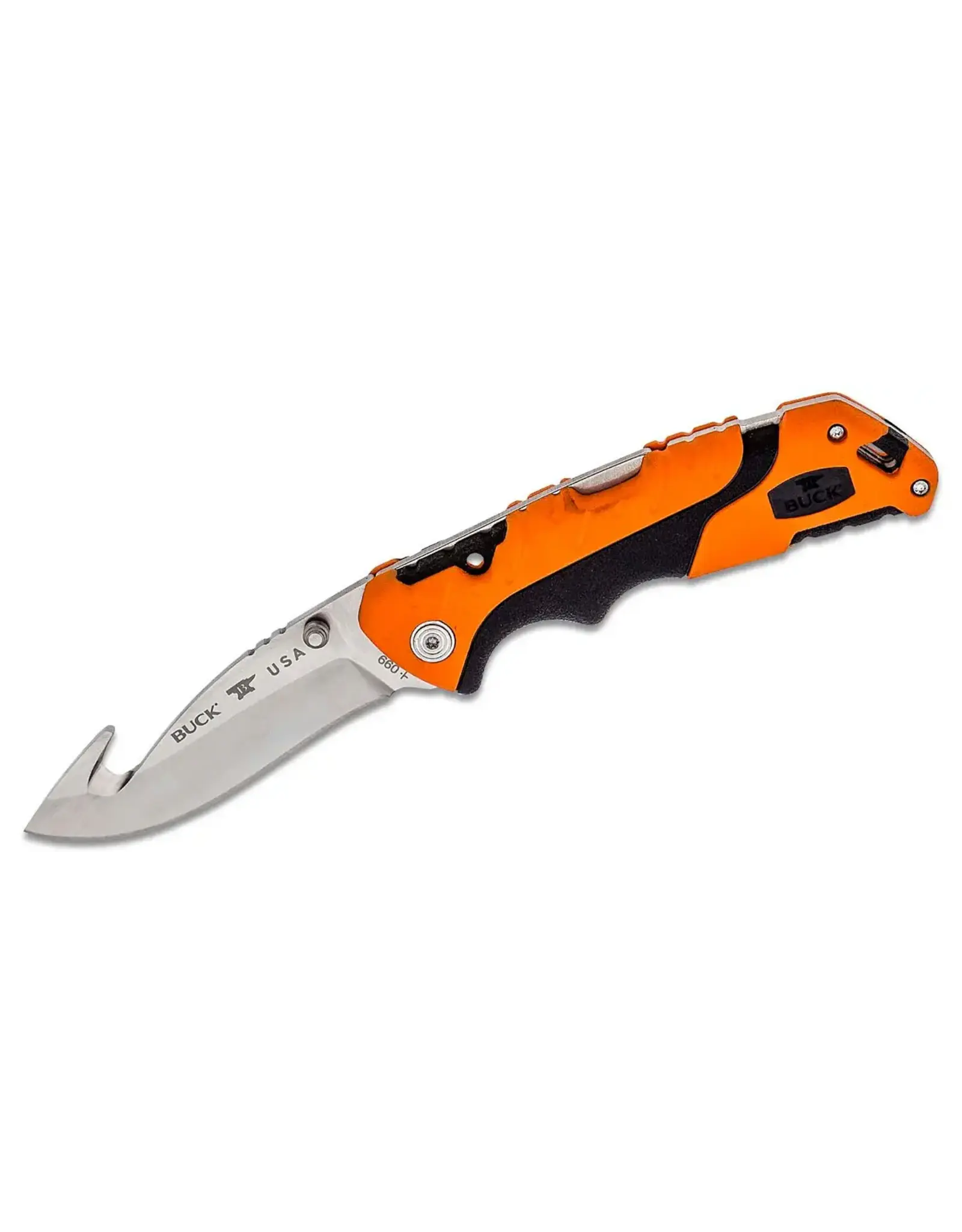 Buck Knives Buck 12755 660ORG-B Pursuit Pro LG Folding Knife, Gut Hook, Orange Blk Handle, 3 5/8" Blade, Blk Poly Sheath
