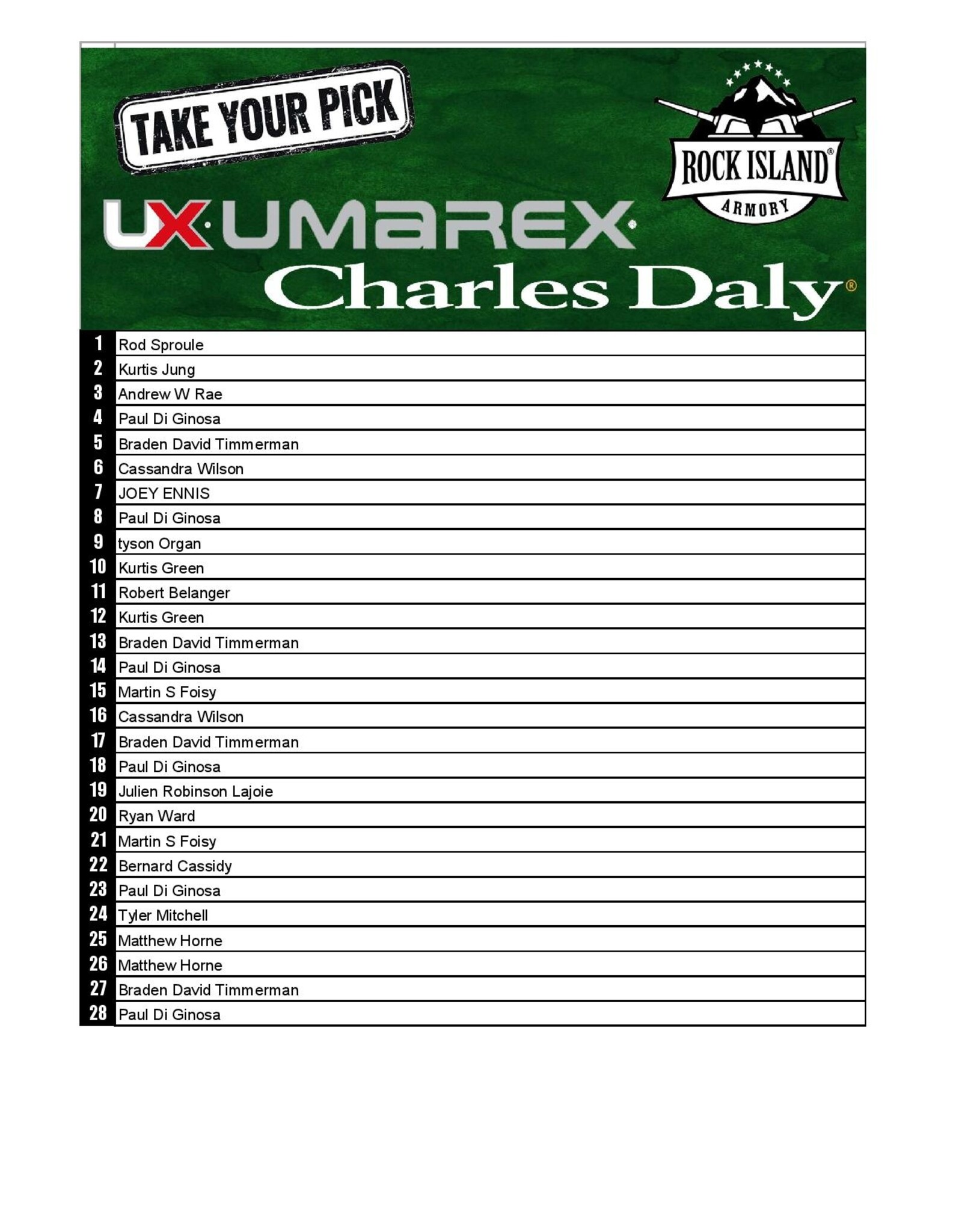 DRAW #1830 - Take Your Pick - Umarex, Charles Daly OR Rock Island Armory!