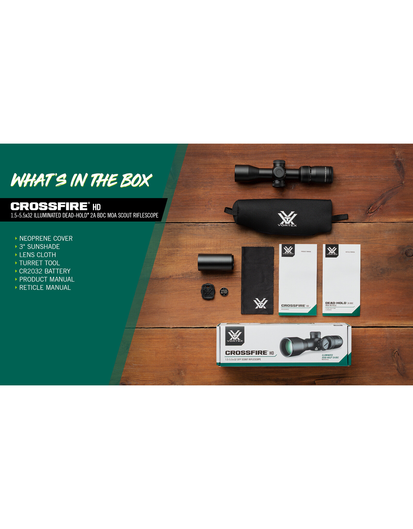 Vortex Vortex Crossfire® HD 1.5-5.5x32 Scout Illuminated Dead-Hold® 2A BDC (MOA) Reticle |1" Tube CFR-1501i