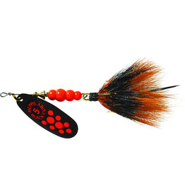 Mepps Mepps BF5T Fl Black Fury In-Line Spinner, 1/2 oz, Dressed Treble Hook, Fluorescent Red Dot Blade with Gray & Orange Tail
