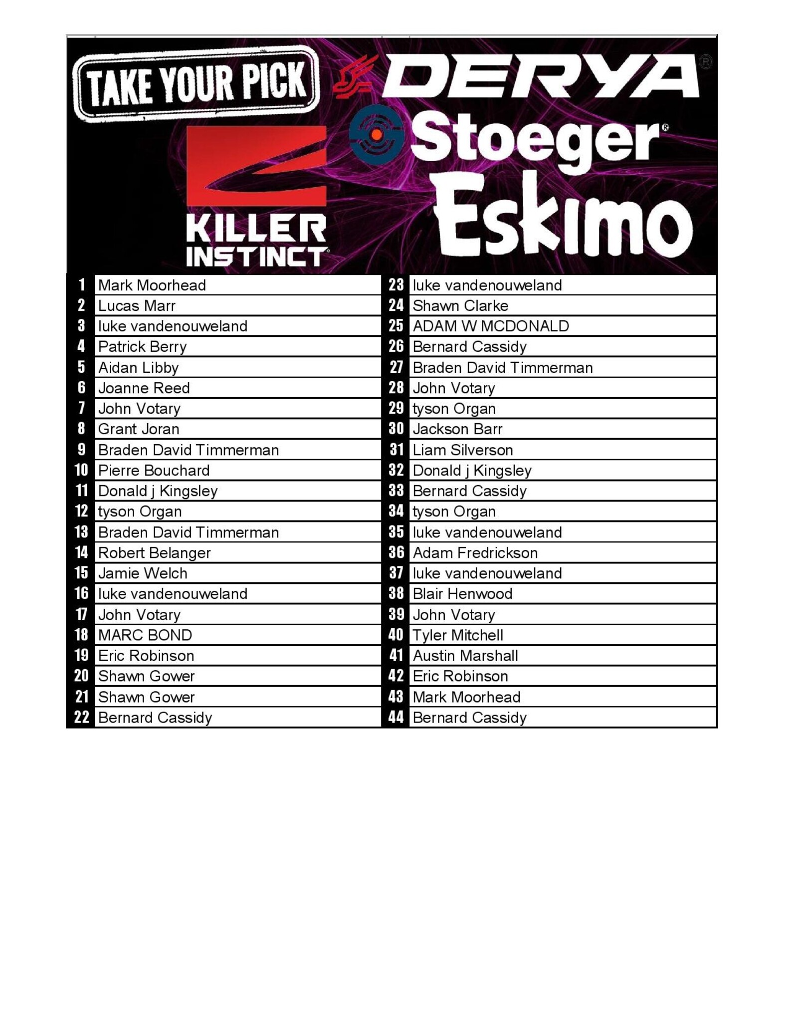 DRAW #1842 - Take Your Pick - Derya, Eskimo, Killer Instinct OR Stoeger!