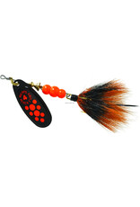 Mepps Mepps BF4T Fl Black Fury In-Line Spinner, 1/3 oz, Dressed Treble Hook, Fluorescent Red Dot Blade with Gray & Orange Tail