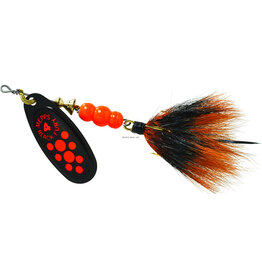 Mepps Mepps BF4T Fl Black Fury In-Line Spinner, 1/3 oz, Dressed Treble Hook, Fluorescent Red Dot Blade with Gray & Orange Tail