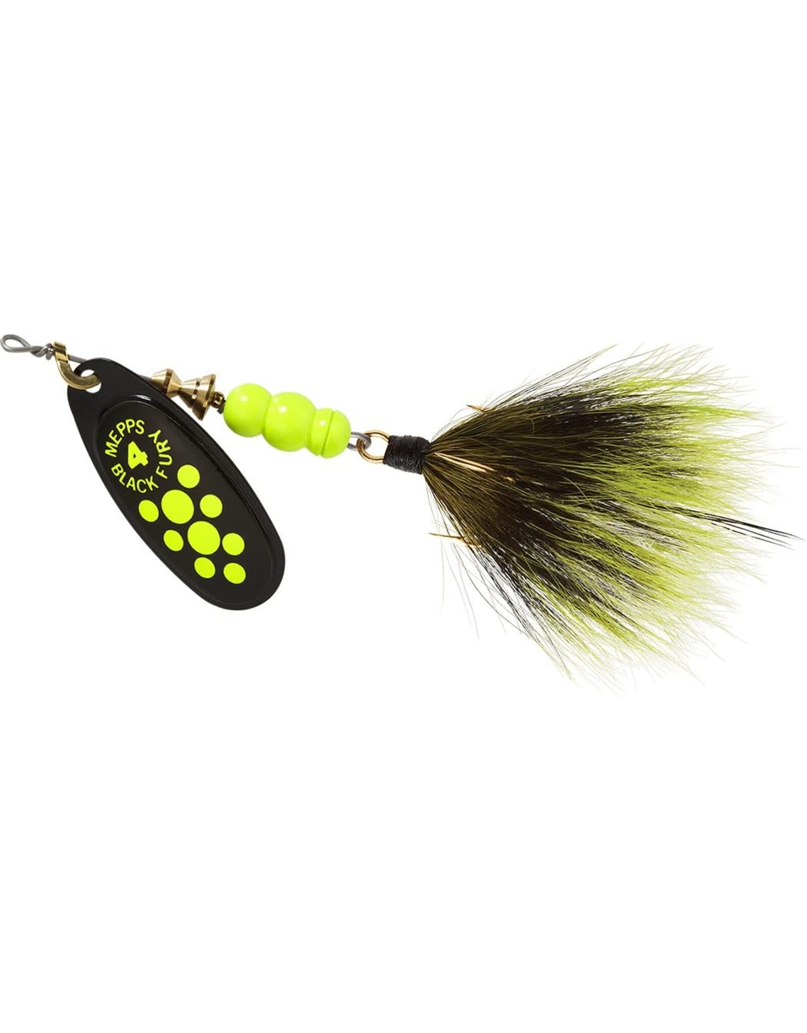 Mepps Mepps BF4T CH Black Fury In-Line Spinner, 1/3 oz, Dressed Treble Hook, Chartreuse Dot Blade with Gray & Chartreuse Tail