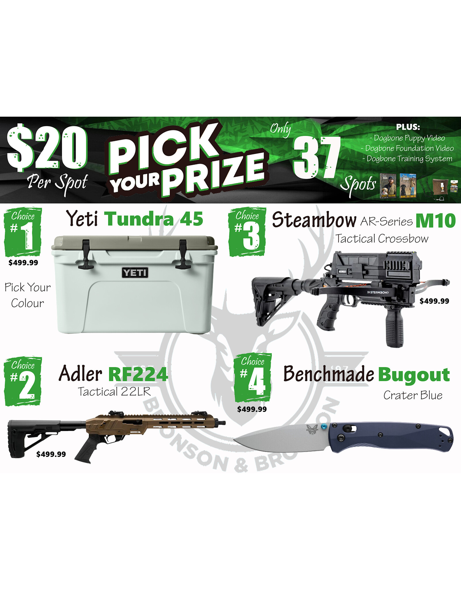 DRAW #1851 - Pick Your Prize - Yeti, Adler, Steambow OR Benchmade!