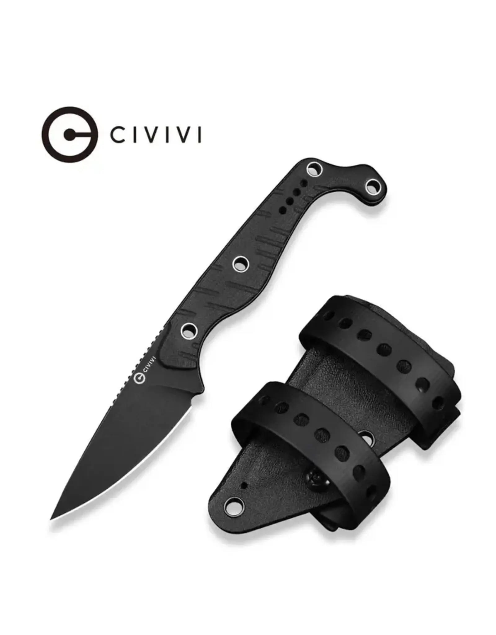 Civivi CIVIVI SŌKN Fixed Blade Knife Black G10 Handle (2.82" Black Stonewashed Nitro-V Blade) C22027-3, With 1PC Black Kydex Sheath & 2PCS Black Straps