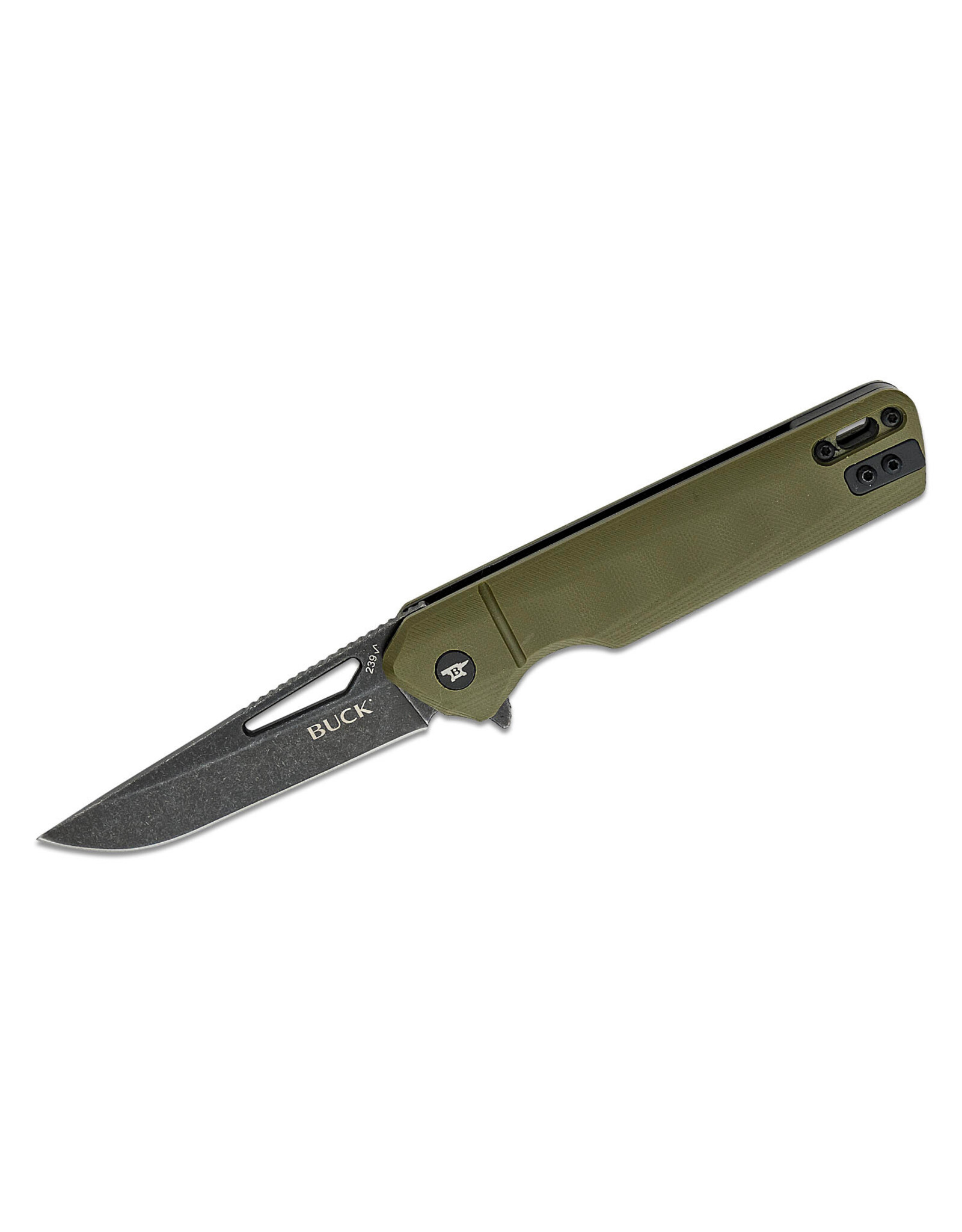 Buck Knives Buck 239 Infusion Flipper Knife 3.25" Black Stonewashed Modified Tanto Blade, OD Green G10 Handles, Liner Lock - 13541
