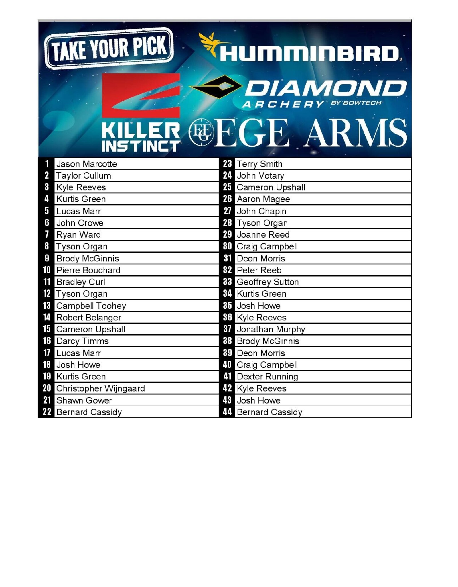 DRAW #1852 - Take Your Pick - Humminbird, EGE Arms, Killer Instinct OR Diamond!