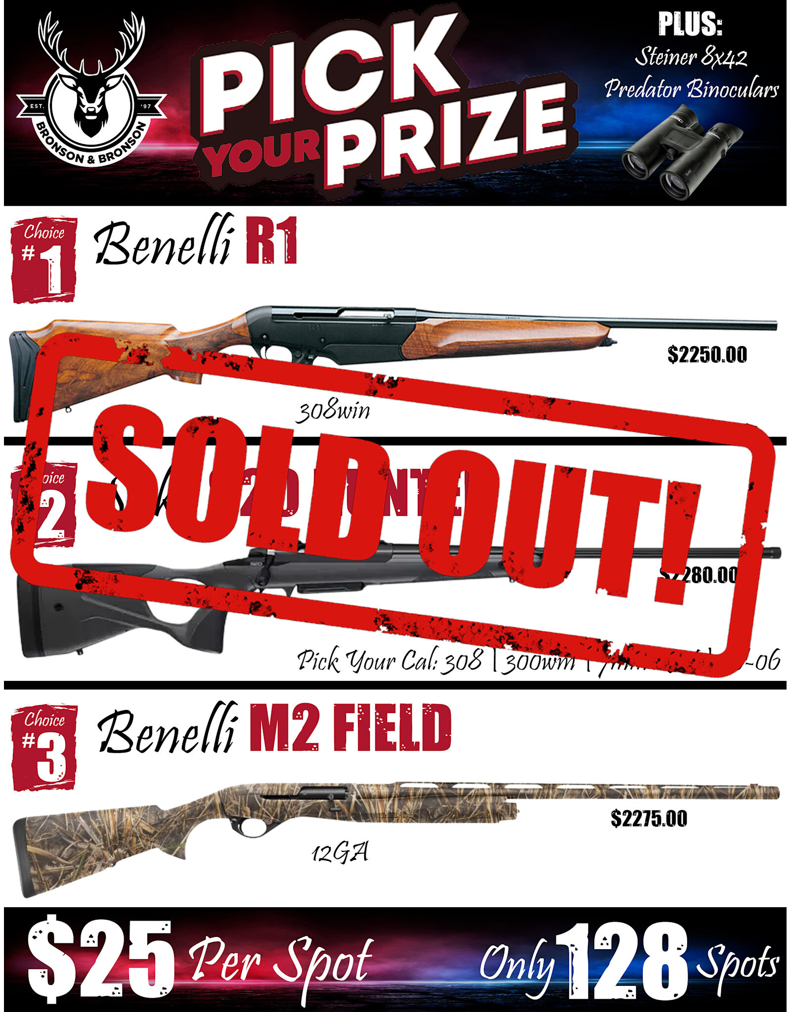 DRAW #1848 - Pick Your Prize - Benelli R1, Sako OR Benelli M2!