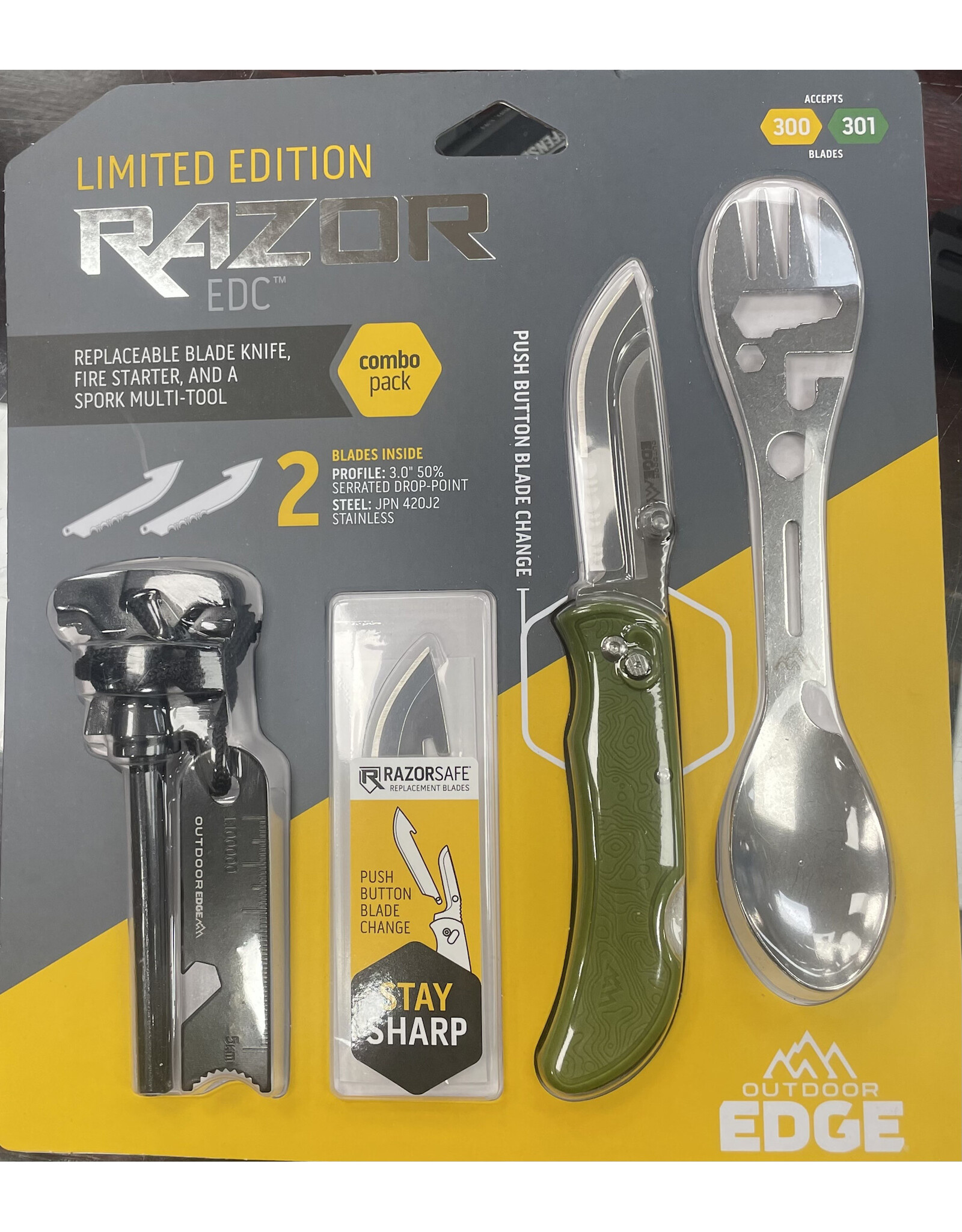 Outdoor Edge 3.0" AFINNITY + (2) SERRATED DROP-POINT SS + SPORK + FERRO ROD