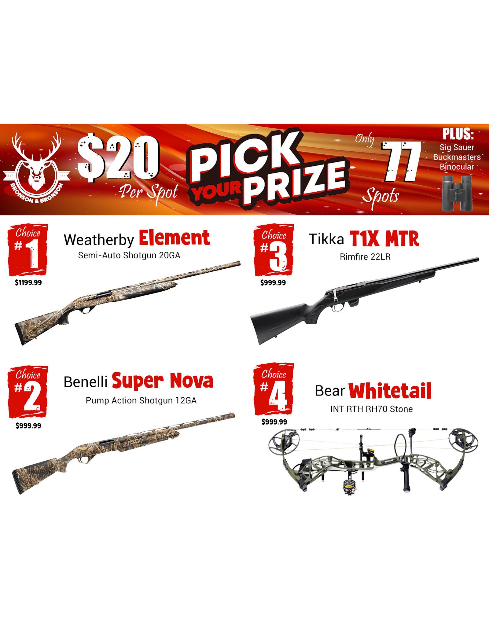 DRAW #1862 - Pick Your Prize - Weatherby, Benelli, Tikka OR Bear!