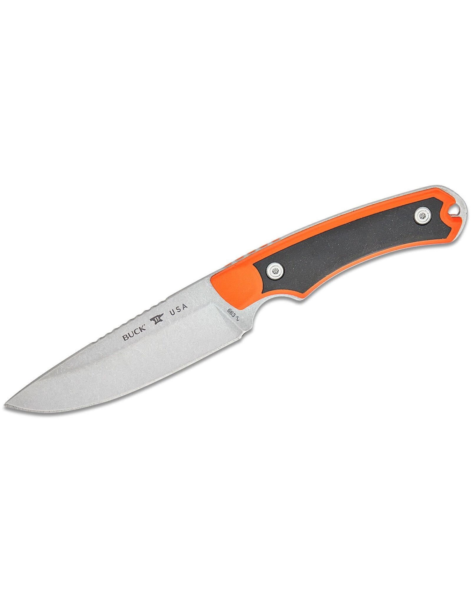 Buck Knives Buck 663 Alpha Guide Select Fixed Blade Knife 4.5" 420HC Stonewashed Drop Point, Orange GFN Handles with Versaflex Inserts, Polyester Sheath - 13724
