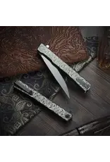 Ocaso Ocaso Knives Demko 10ESS Solstice Executive Liner Lock Flipper Knife 3.5" S35VN Satin Drop Point Blade, "Scroll" Engraved Gray Titanium Handles