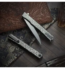Ocaso Ocaso Knives Demko 10ESS Solstice Executive Liner Lock Flipper Knife 3.5" S35VN Satin Drop Point Blade, "Scroll" Engraved Gray Titanium Handles