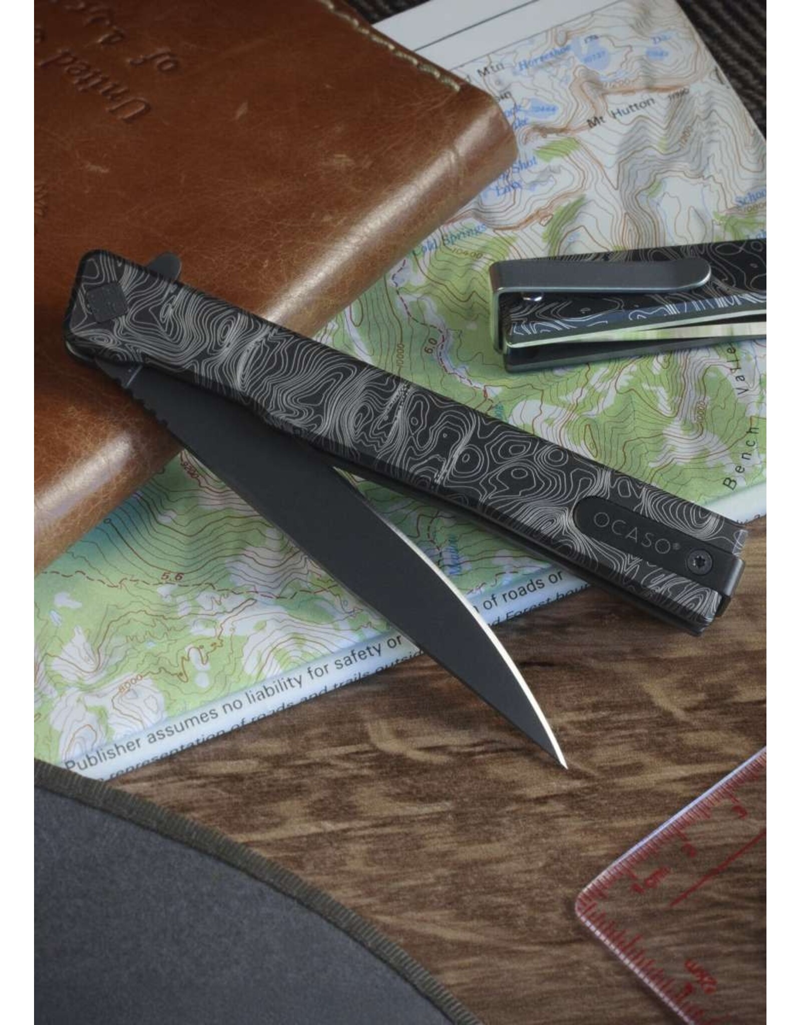 Ocaso Ocaso Knives Demko 10ETB Solstice Executive Liner Lock Flipper Knife 3.5" S35VN Black Drop Point Blade, Topographic Engraved Black Titanium Handles