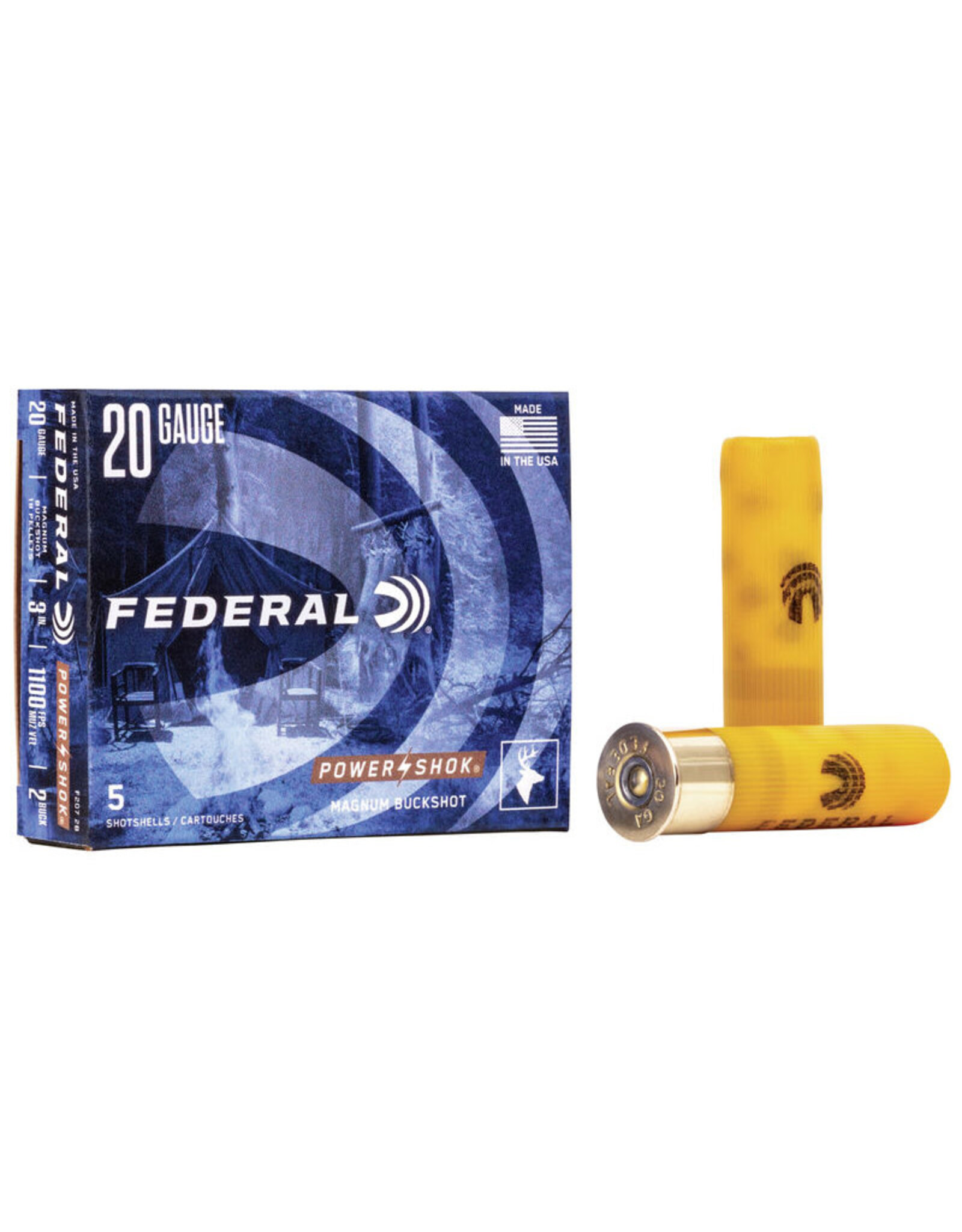Federal Federal F207 2B Power-Shok Shotgun Ammo 20 GA, 3 in, 2B, 18 Pellets, 1100 fps, 5 Rounds, Boxed