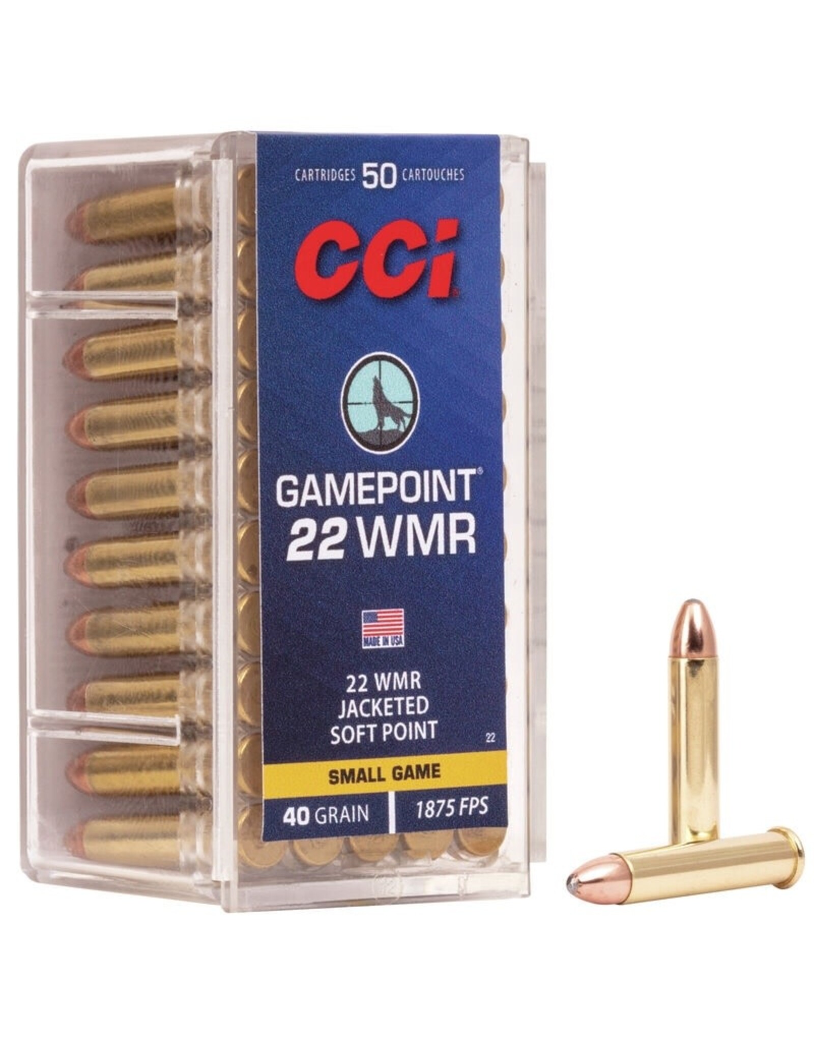 CCI CCI 0022 Gamepoint Rimfire Rifle Ammo 22 WMR, JSP, 40 Grains, 1875 fps, 50 Rounds, Boxed