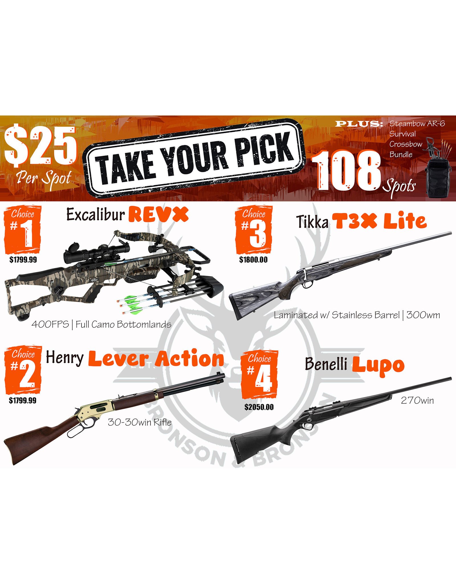 DRAW #1868 (55-108) - Take Your Pick - Excalibur, Henry, Tikka OR Benelli!