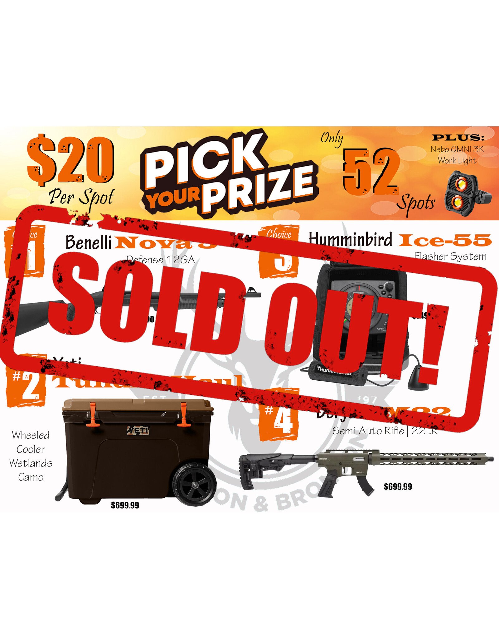 DRAW #1864 - Pick Your Prize - Benelli, Yeti, Humminbird OR Derya!