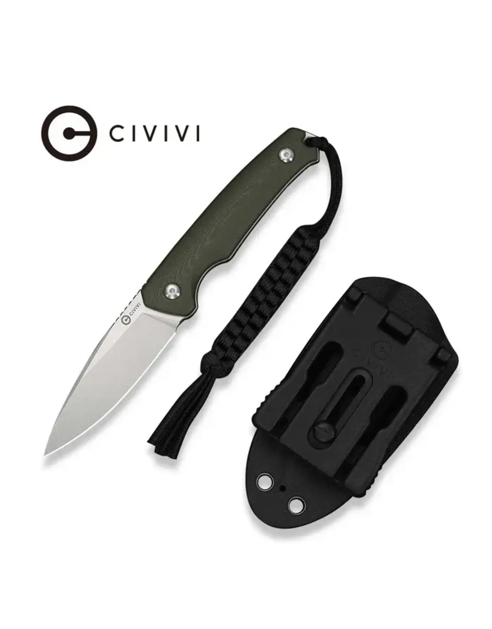 Civivi CIVIVI Altus Fixed Blade Knife OD Green G10 Handle (2.99" Stonewashed 14C28N Blade) C20076B-1, With 1PC Black Lanyard, Black Kydex Sheath & T-Clip