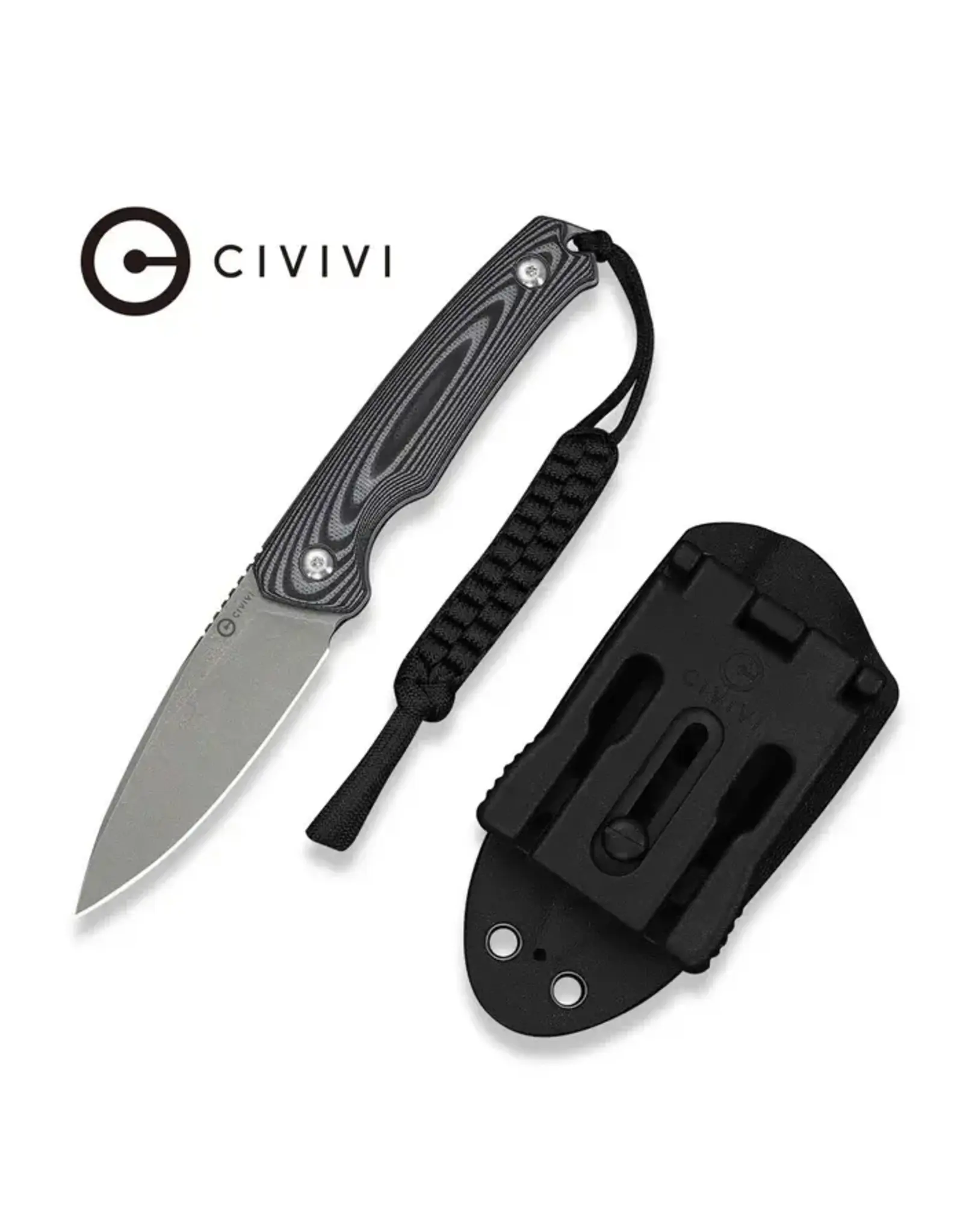 Civivi CIVIVI Altus Fixed Blade Knife Gray and Black Layered G10 Handle (2.99" Gray Stonewashed 14C28N Blade) C20076B-2, With 1PC Black Lanyard, Black Kydex Sheath & T-Clip