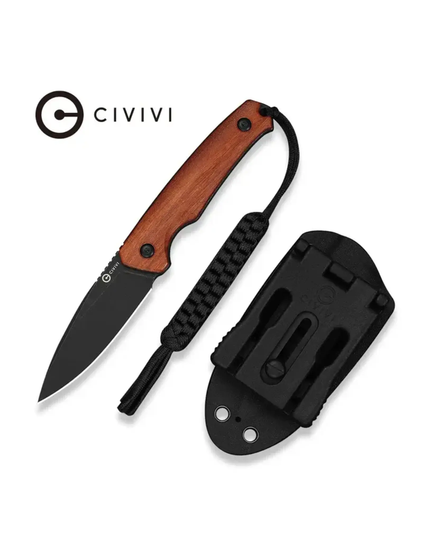 Civivi CIVIVI Altus Fixed Blade Knife Guibourtia Wood Handle (2.99" Black Stonewashed 14C28N Blade) C20076B-3, With 1PC Black Lanyard, Black Kydex Sheath & T-Clip