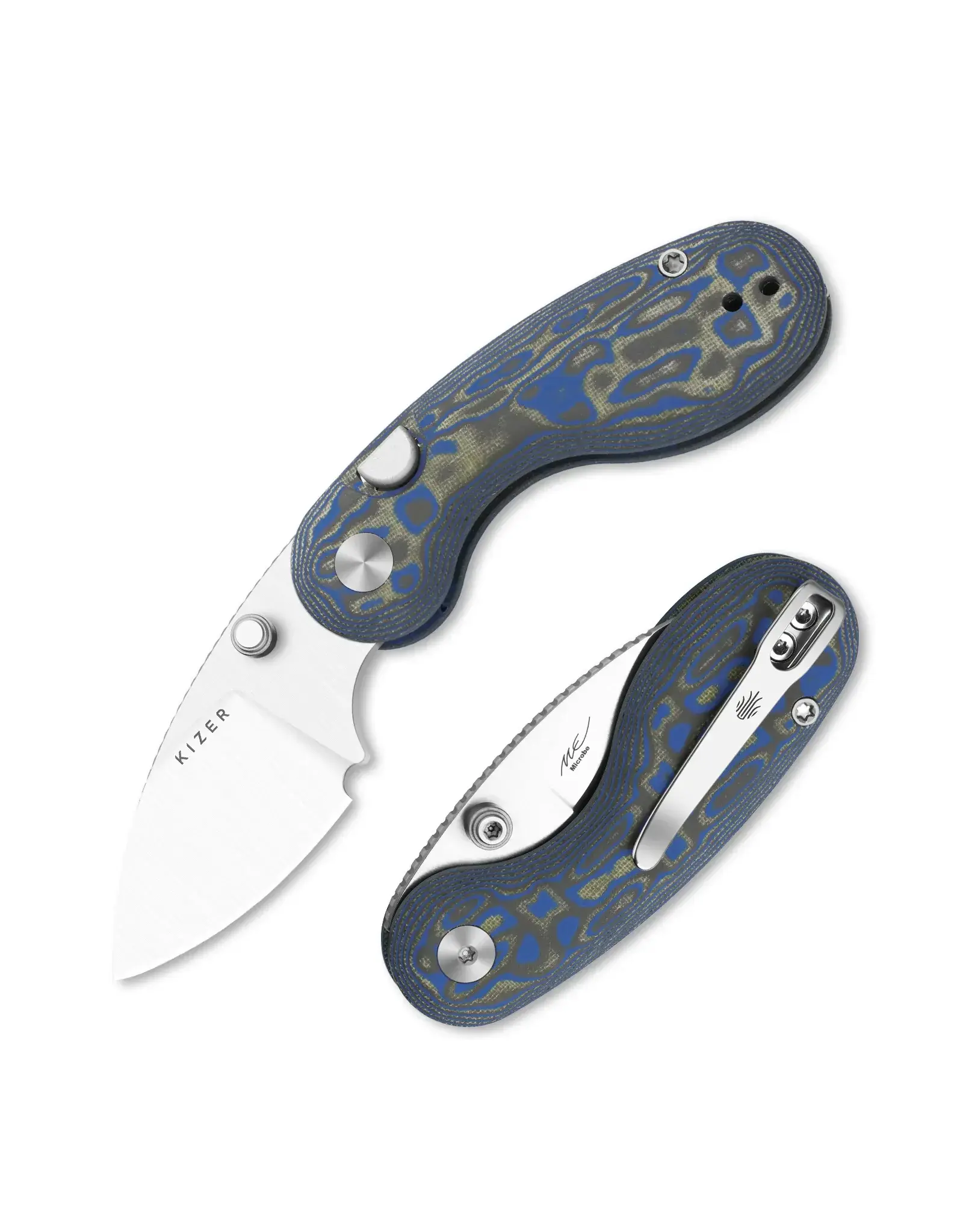 Kizer Kizer Cutlery Vanguard Microbe Button Liner Lock Folding Knife 2.19" 14C28N Satin Drop Point Blade with Thumb Studs, Blue Vortex Micarta Handles, Reversible Deep Carry Clip - V2742A6