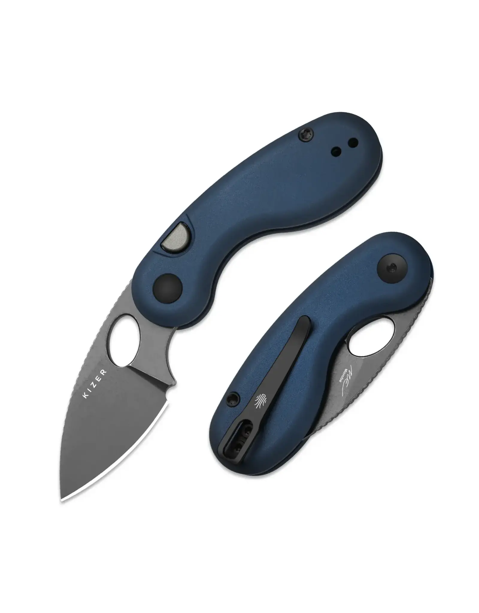 Kizer Kizer Cutlery Vanguard Microbe Button Liner Lock Folding Knife 2.19" 14C28N Gray Stonewashed Drop Point Blade with Thumb Hole, Blue Aluminum Handles, Reversible Deep Carry Clip - V2742A1