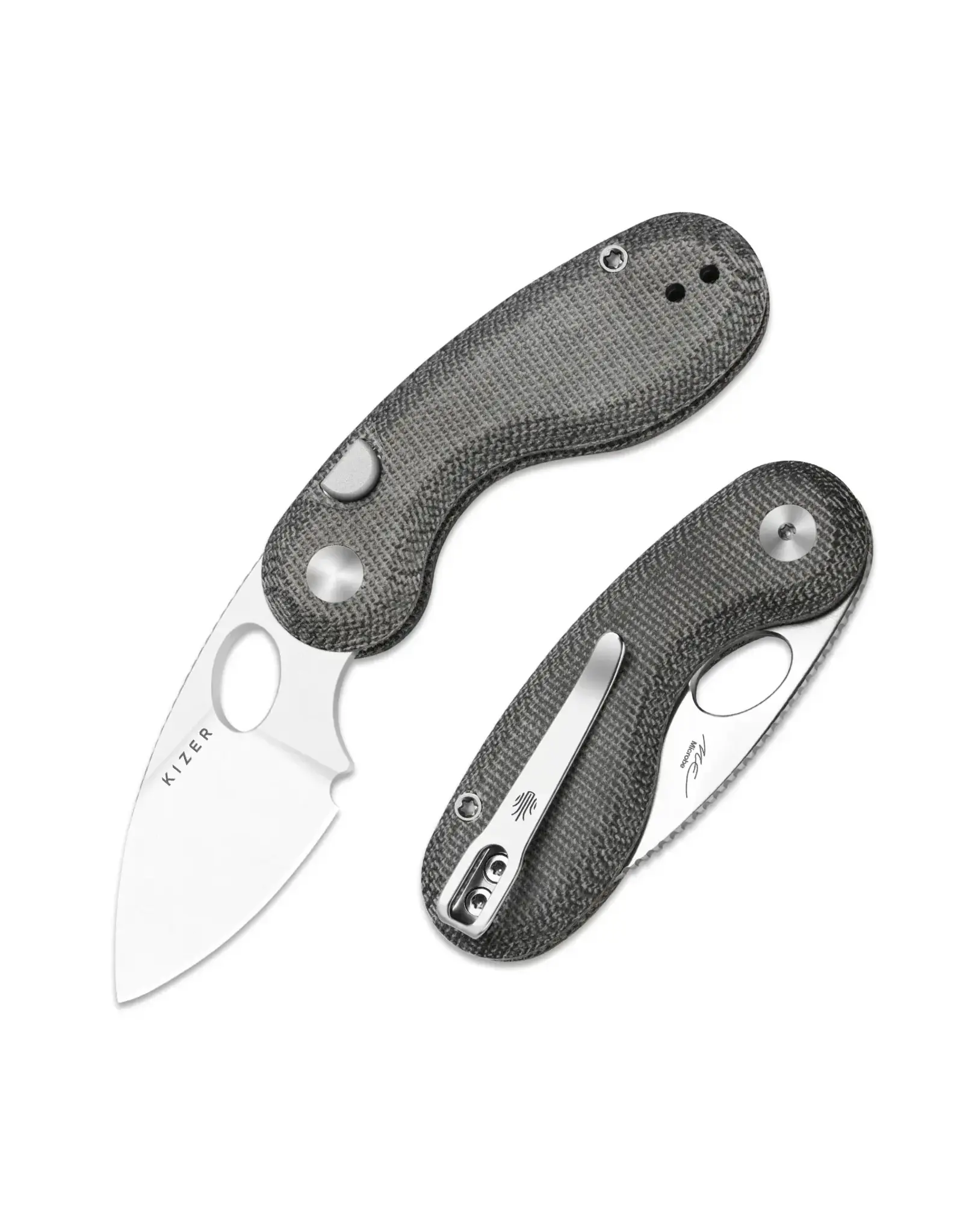 Kizer Kizer Cutlery Vanguard Microbe Button Liner Lock Folding Knife 2.19" 14C28N Satin Drop Point Blade with Thumb Hole, Black Norplex UltreX Micarta Handles, Reversible Deep Carry Clip - V2742A2