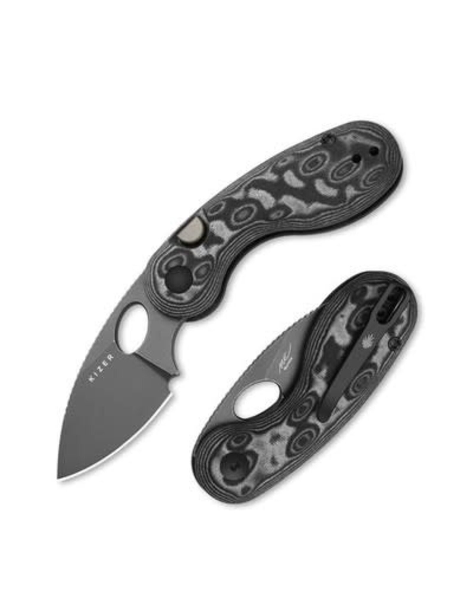 Kizer Kizer Cutlery Vanguard Microbe Button Liner Lock Folding Knife 2.19" 14C28N Gray Stonewashed Drop Point Blade with Thumb Hole, Black & Gray Vortex Micarta Handles, Reversible Deep Carry Clip - V2742A5