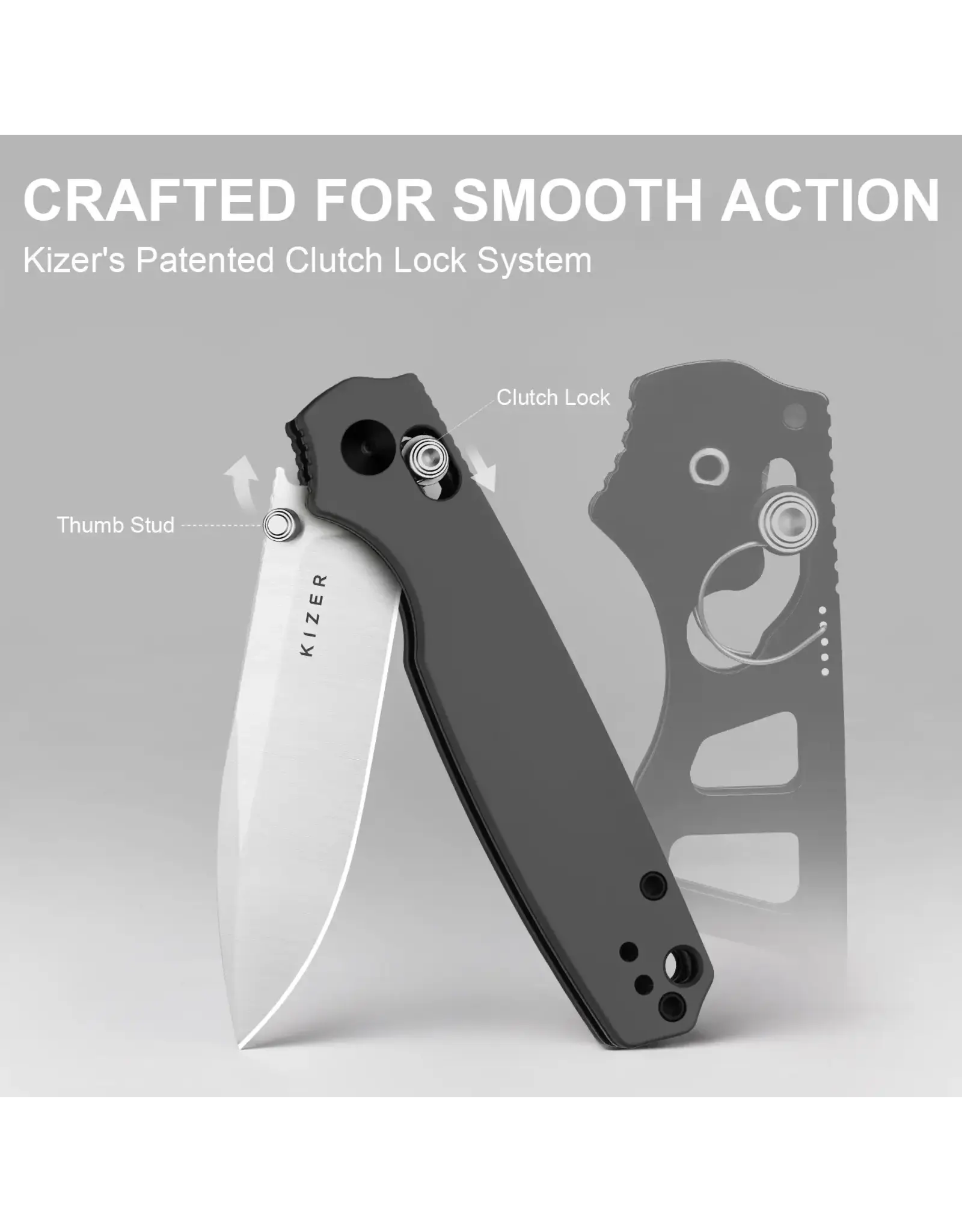 Kizer Kizer Cutlery Vanguard Pokiman CD Clutch Lock Folding Knife 3.16" AEB-L Satin Drop Point Blade, Gray Aluminum Handles, Reversible Deep Carry Clip, AXIS/Crossbar Lock - V3789A2