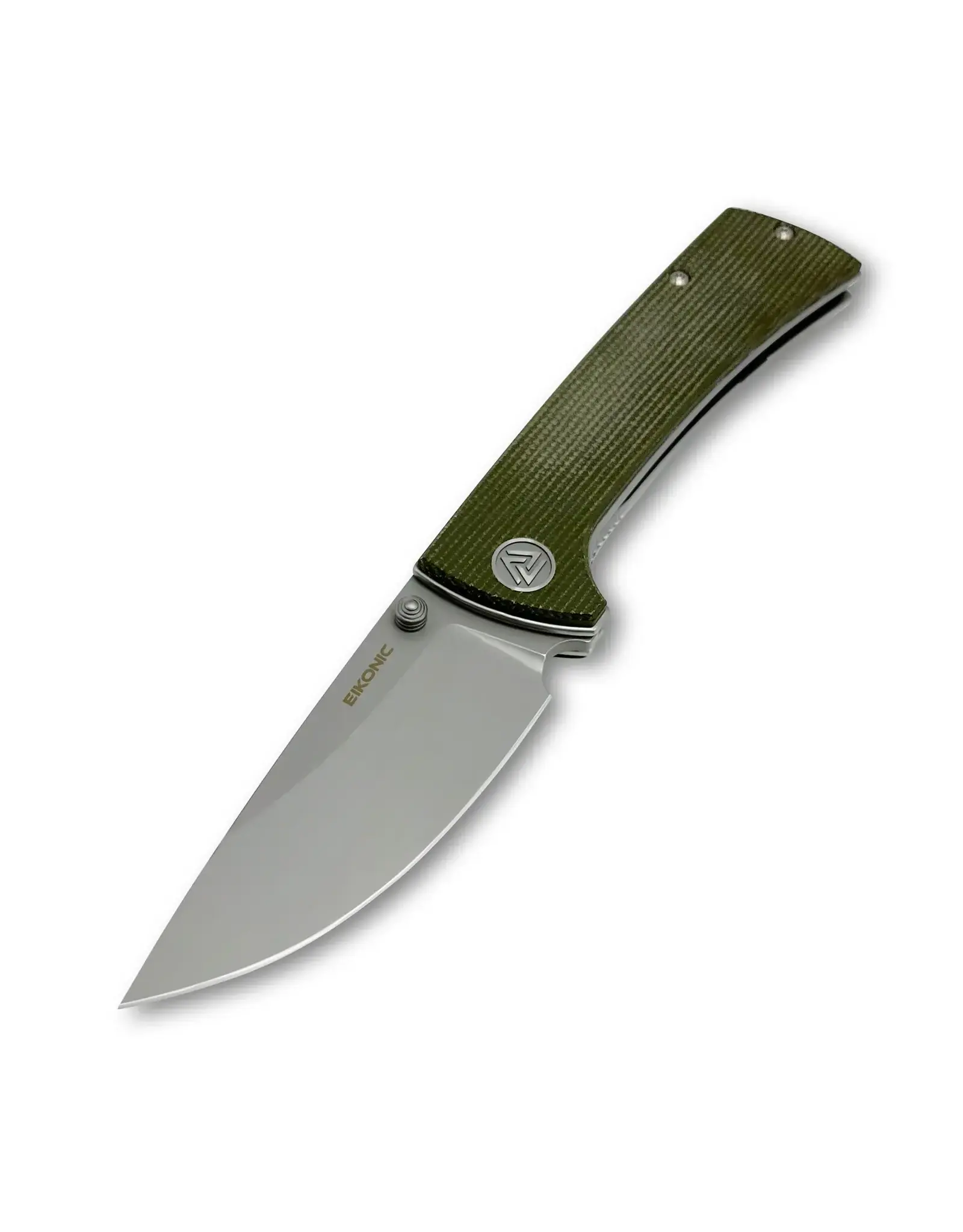 EIKONIC EIKONIC Knives Chaves RCK9 Folding Knife 3.06" D2 Stonewashed Drop Point Plain Blade, Olive Green Micarta Handles, Liner Lock - 101SSGN