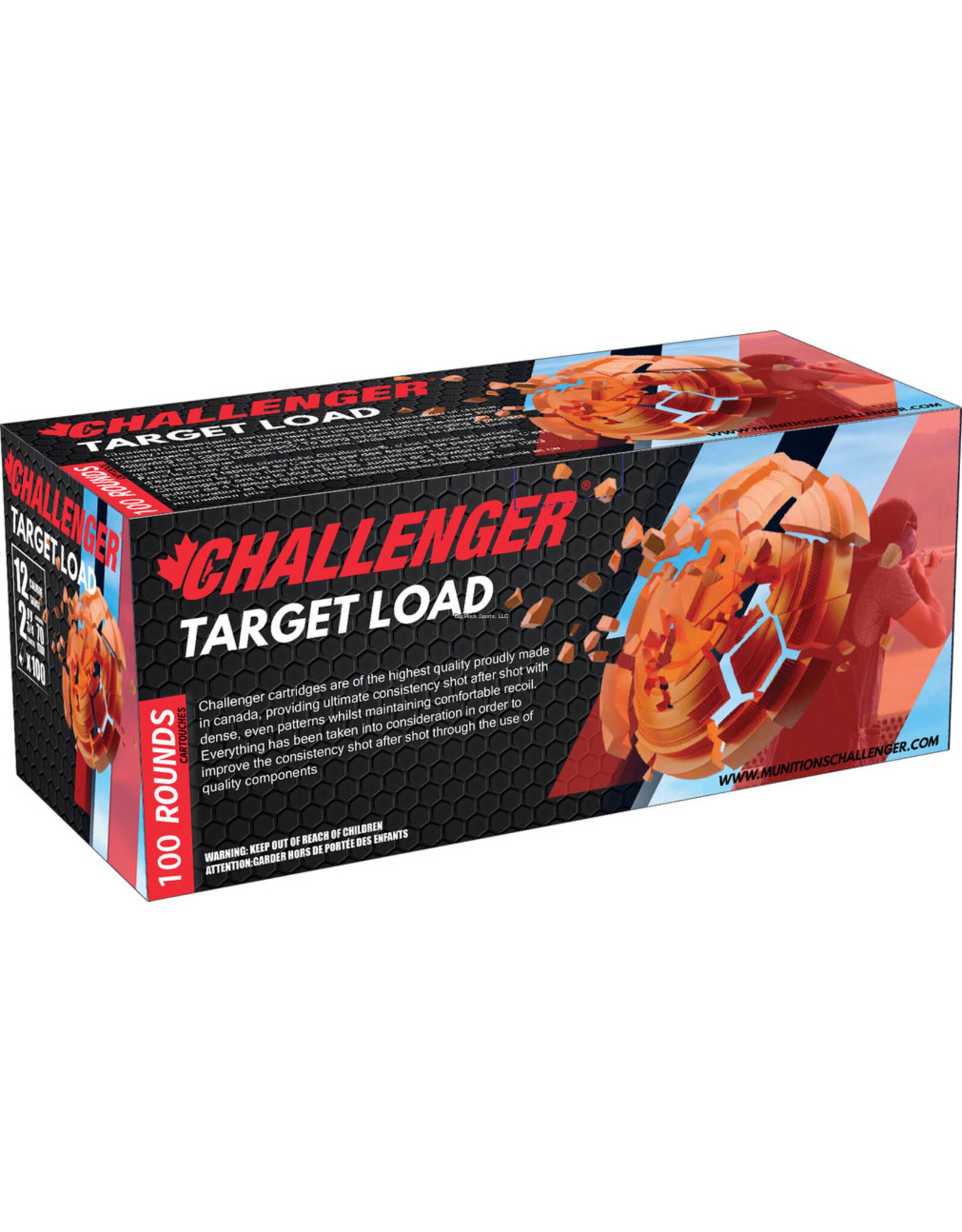 Challenger Challenger Ammo 43018 Target Load 100 Round Pack, 12 GA, 2-3/4 in, No. 8, 3 Dram, 1-1/8 oz, 1150 Fps
