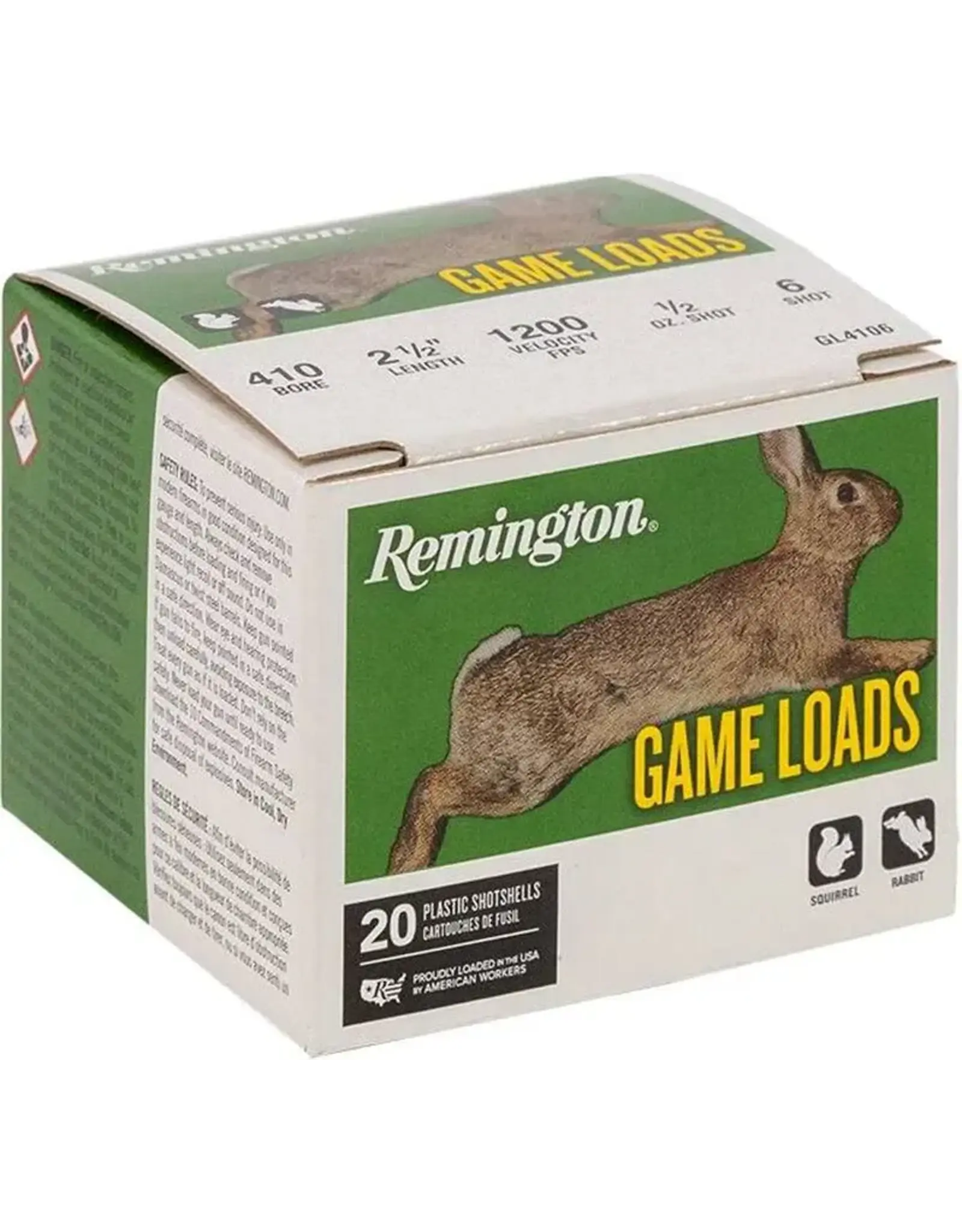 Remington Remington GL4106 Game Load Shotshell 410 GA, 2-1/2 in, No. 6, 1/2oz, Max Dr, 1200 fps, 20 Rnd per Box
