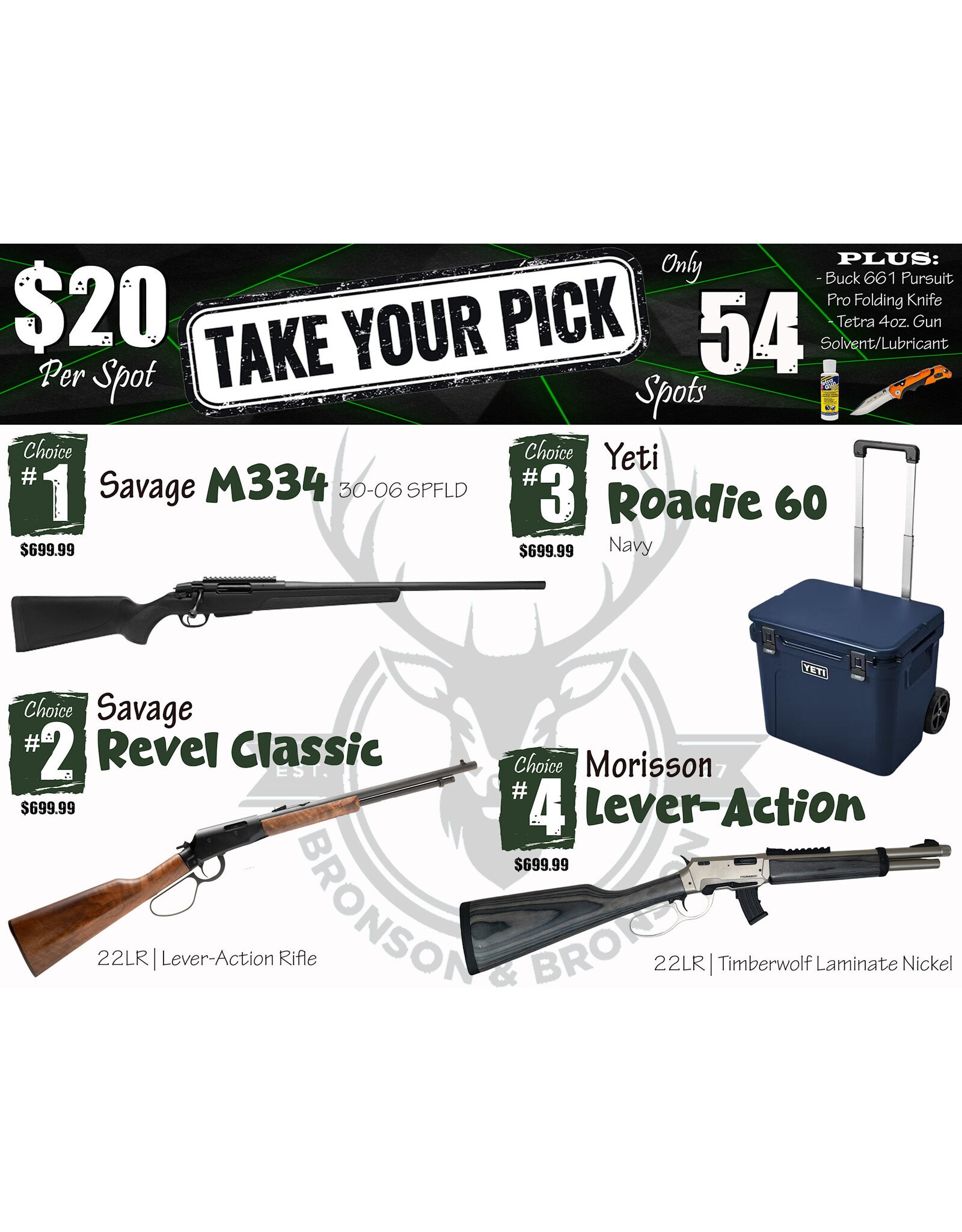 DRAW #1888 - Take Your Pick - Savage M334, Savage Revel, Yeti OR Morisson!