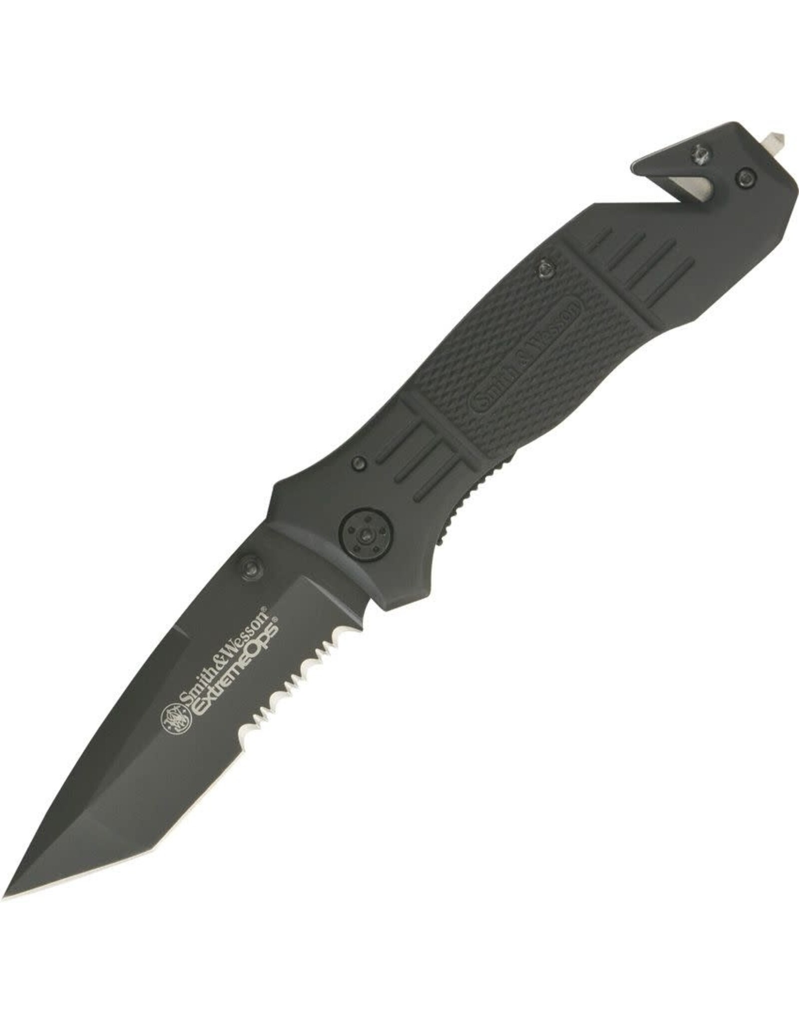 Smith & Wesson Smith & Wesson Extreme Ops First Response Rescue Folding Knife 3.3" Black Tanto Combo Blade, Rubber Coated Aluminum Handles, Liner Lock - SWFR2S