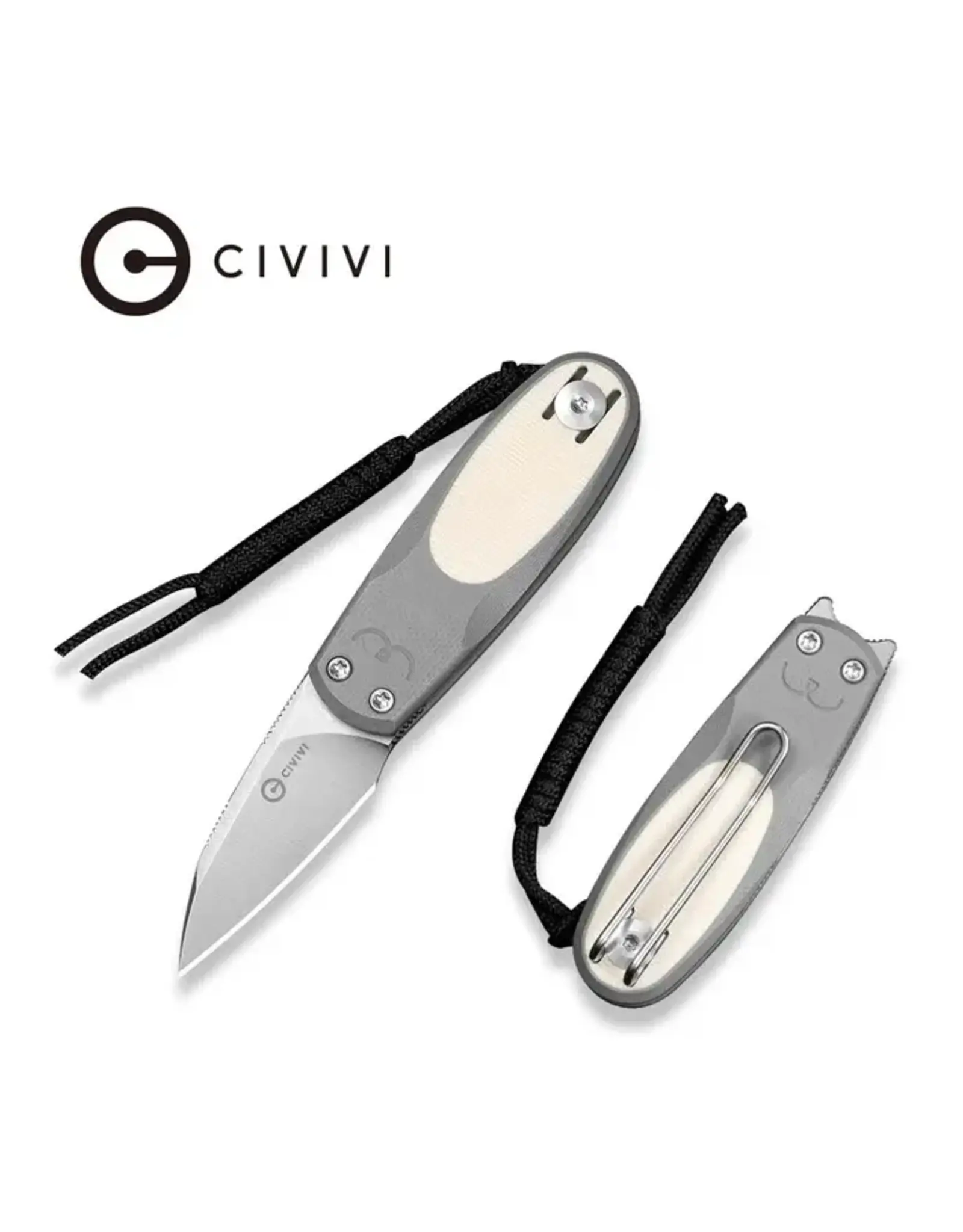 Civivi CIVIVI Purr Flipper & Slip Joint Knife Gray & Ivory G10 Handle (1.83" Satin Finished Nitro-V Blade) C25054-1, With 1PC Black Lanyard