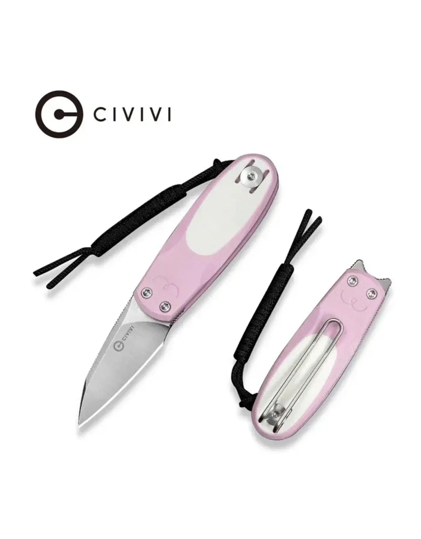 Civivi CIVIVI Purr Flipper & Slip Joint Knife Powder Pink & White G10 Handle (1.83" Satin Finished Nitro-V Blade) C25054-4, With 1PC Black Lanyard