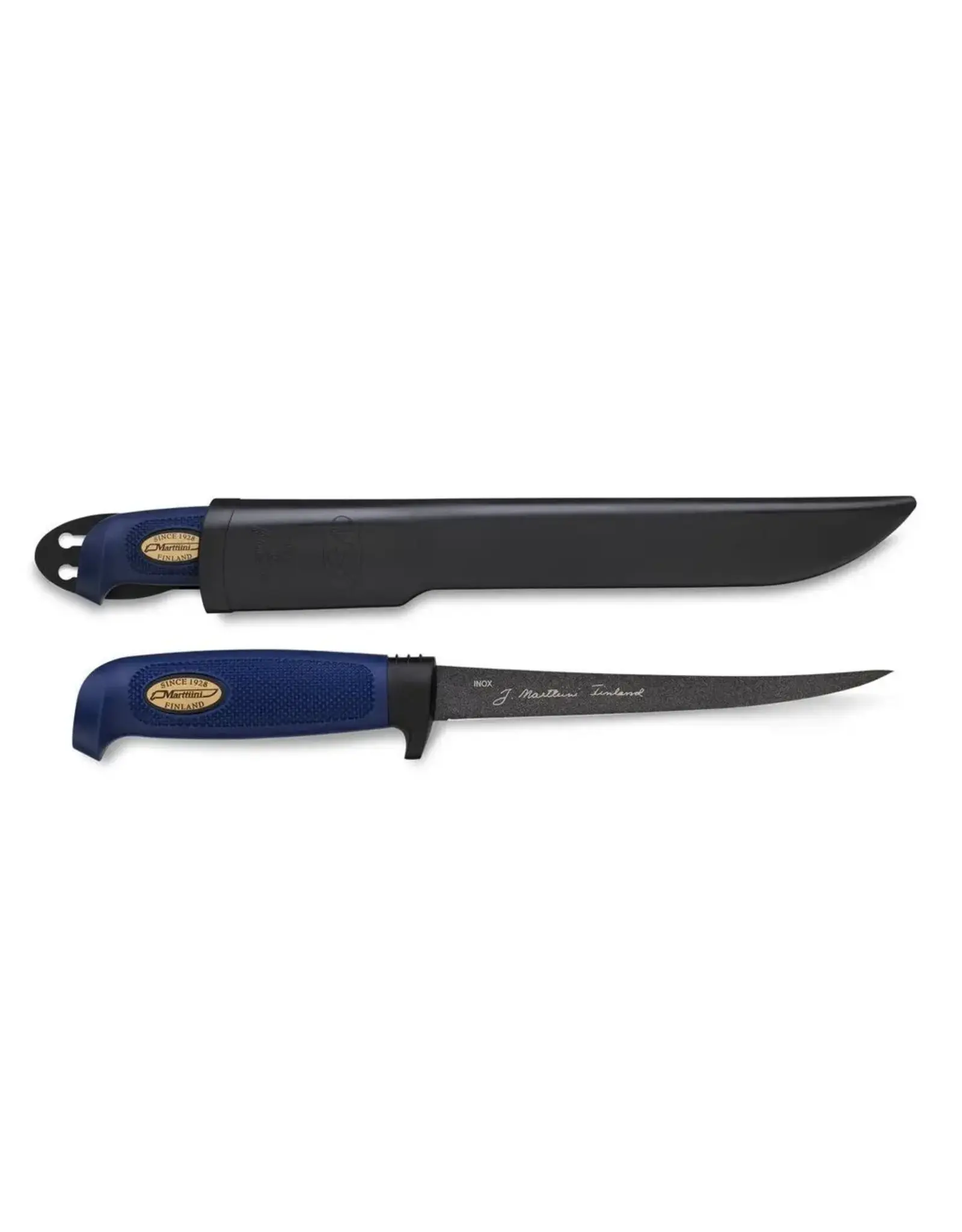 Marttiini Marttiini Blue Rubber Handle 6″ Black Steel Fillet Blade Fixed Knife